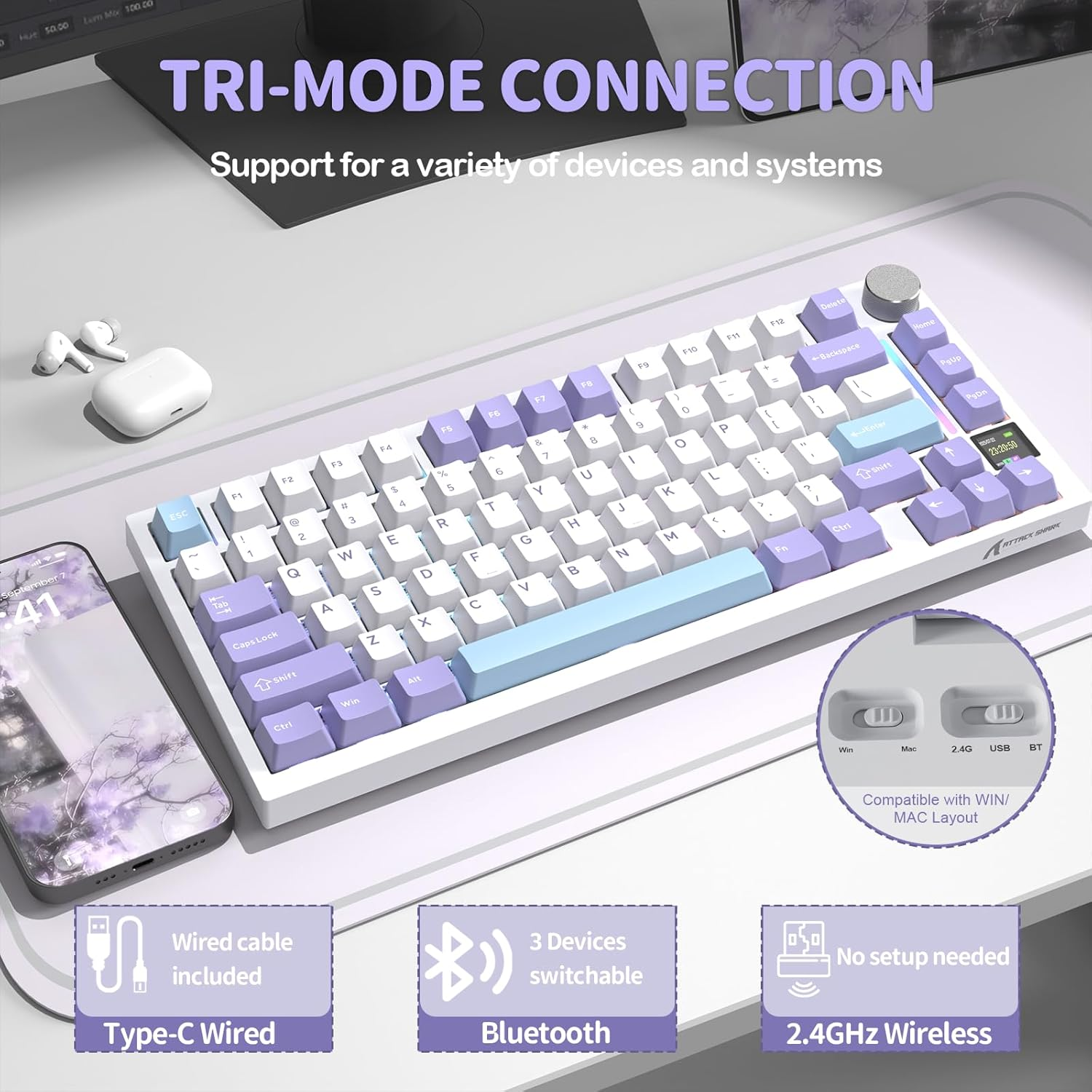 ATTACK SHARK X820 Ultra Wireless Gaming Mechanical Keyboard with TFT Smart Display&Knob,75% Hot Swappable Custom Gasket-Mounted Keyboard,Tri-Mode(Wire/2.4Ghz/Bt)-Starlight White&Gift Switch image number 5