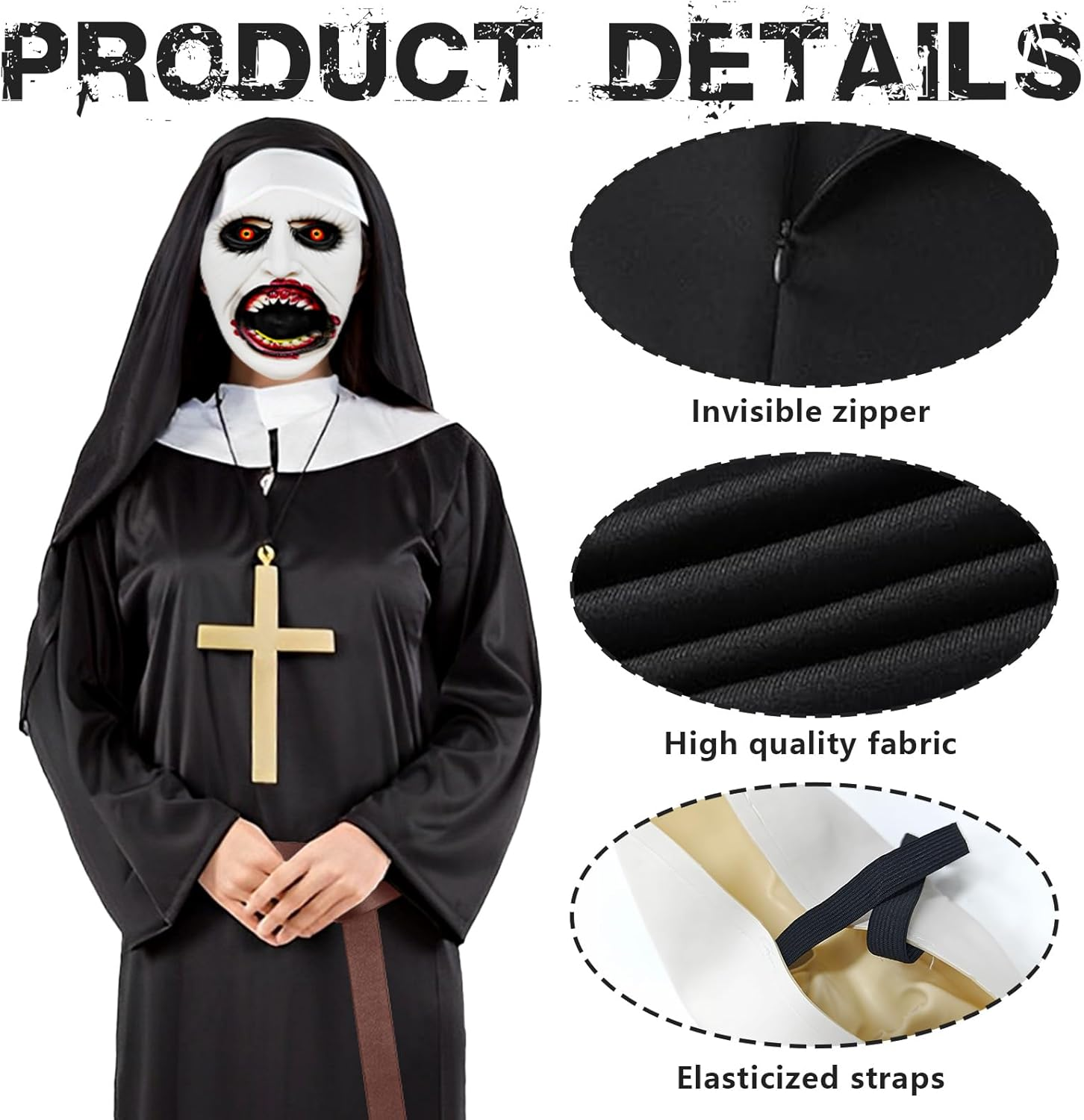 Nun Costume,Halloween Costumes Adults Female,Nun Costume for Women with Scary Mask Set,Halloweencostumes Adults,Halloween Costumes Women