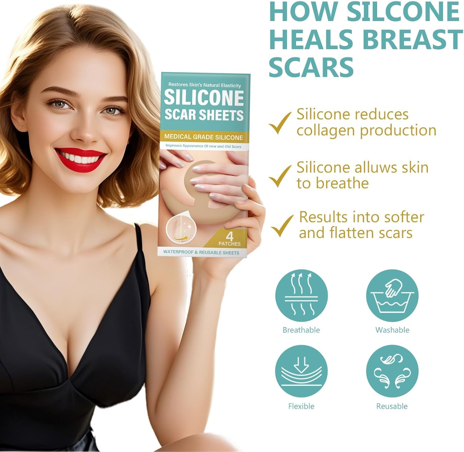 Silicone Scar Sheets, 4 Pair Reusable Breast Silicone Scar Sheets, Medical Grade Silicone Scar Strips for Scar Treatment image number 1