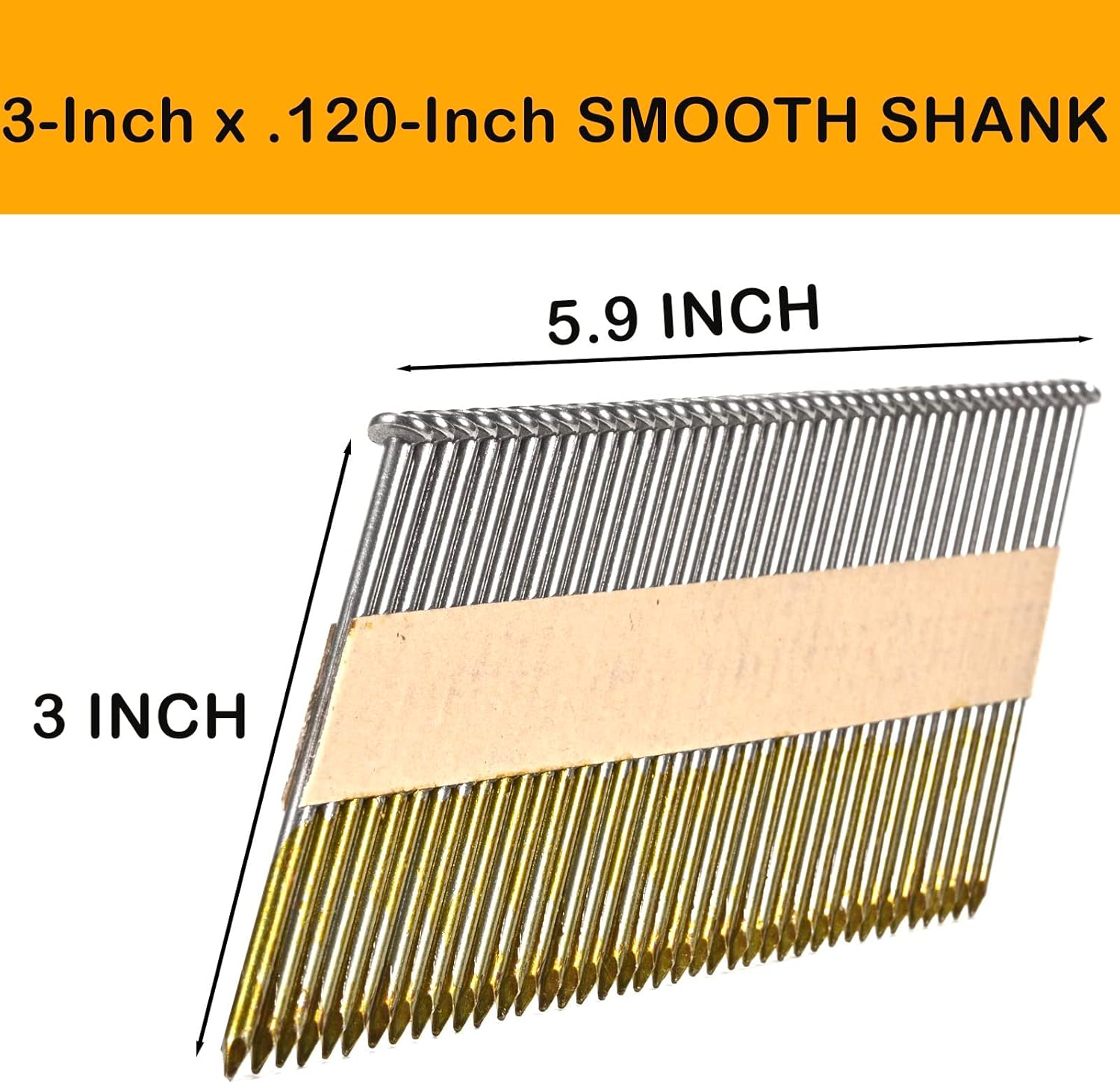 BHTOP 3 Inch X .120 Framing Nails, Smooth Shank Paper Tape Nails for Framing Nailer，34 Degree Bright Finis Collated Nails 1000 Pack