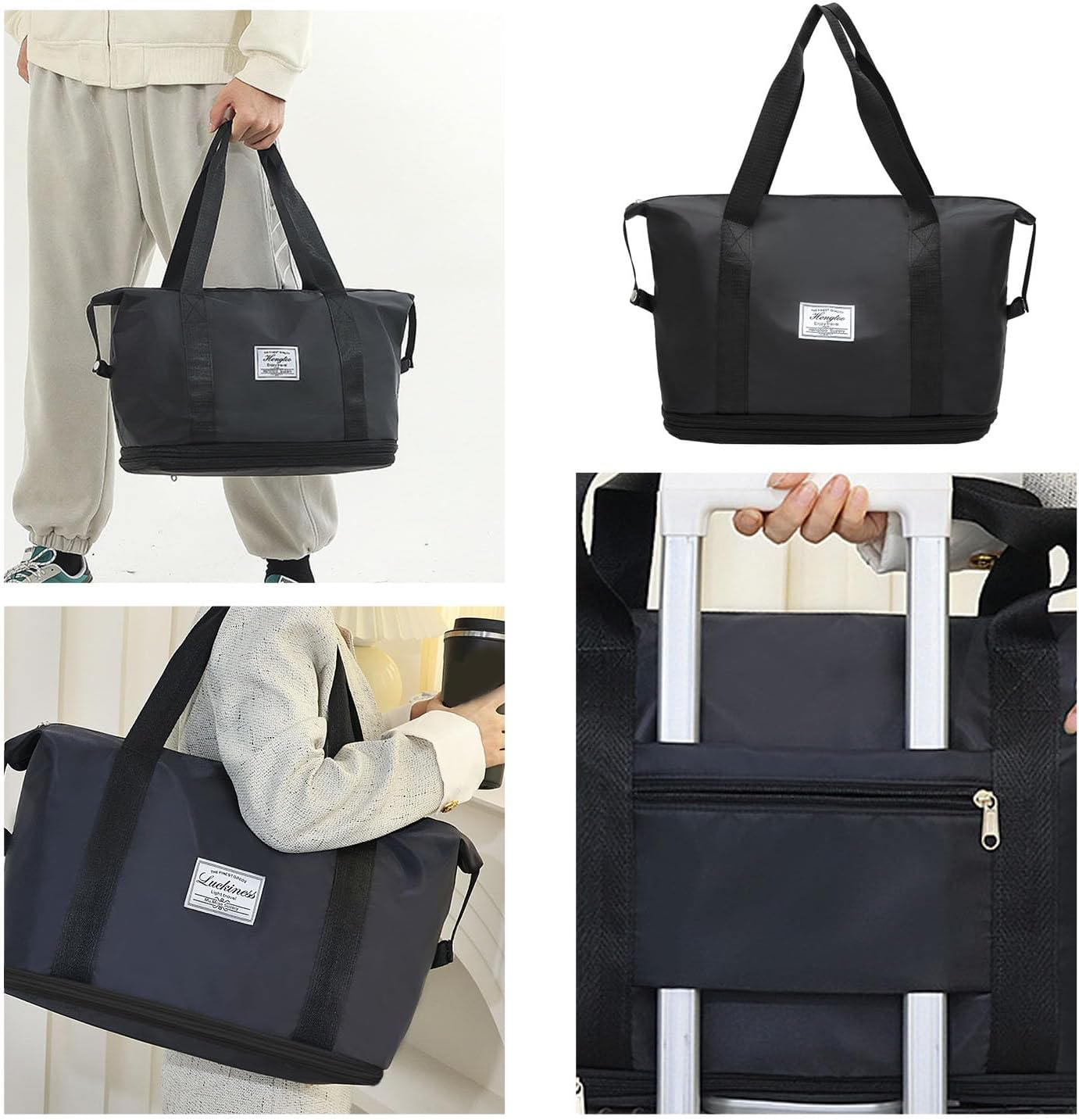 WUBAYI Travel Bag,Expandable Bilayer Overnight Bag Large Capacity Weekend Bag Dry & Wet Seperated Travel Bags for Women Foldie Travel Bag with Trolley Sleeve Duffel Bags for Women & Men, Black, L - 001 Pink image number 3