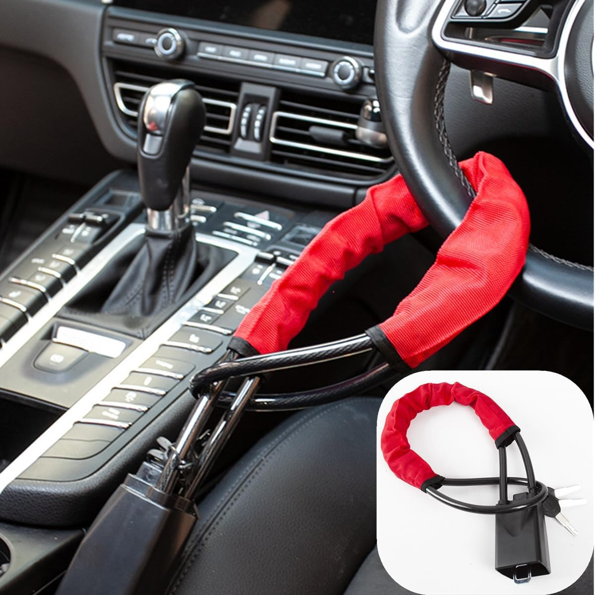 Car Steering Wheel Lock, Thick Cable Handlebar Lock, Universal Burglar Lock, with Three Keys, Suitable for Most Vehicles, Suvs, Golf Carts, Trucks (Red)