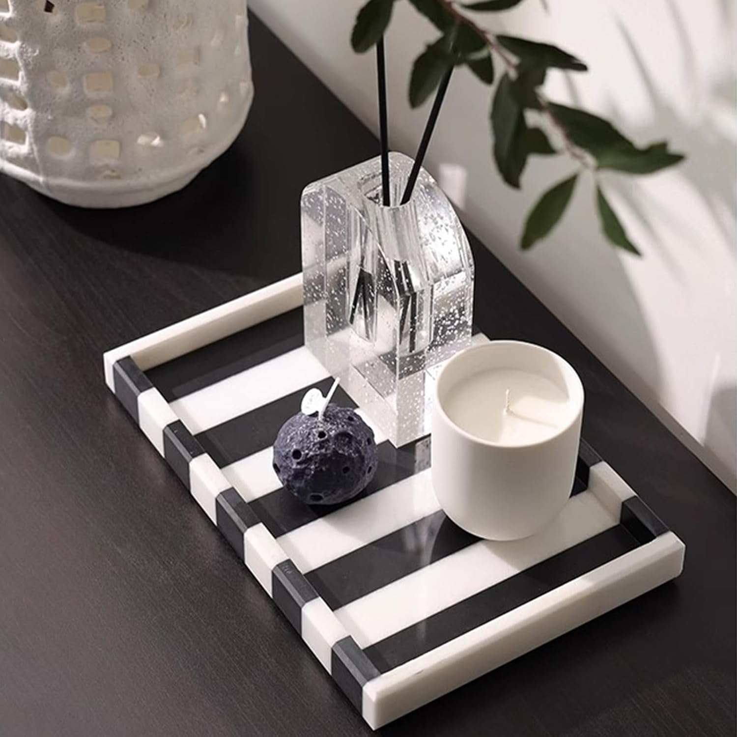 Striped Natural Marble Tray, Black White Geometric Rectangular Tray, Vanity Organizer for Jewelry, Makeup, Bath Essentials, Modern Home Decor - Black White Round image number 3