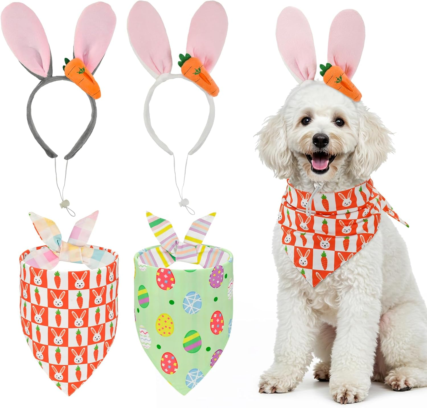Cooshou Bunny Ears Headband & Reversible Bandana Set for Dogs - Easter Dog Costumes with Cute Carrot & Reversible Pattern - Small/Medium/Large Sizes (2 Sets) image number 1