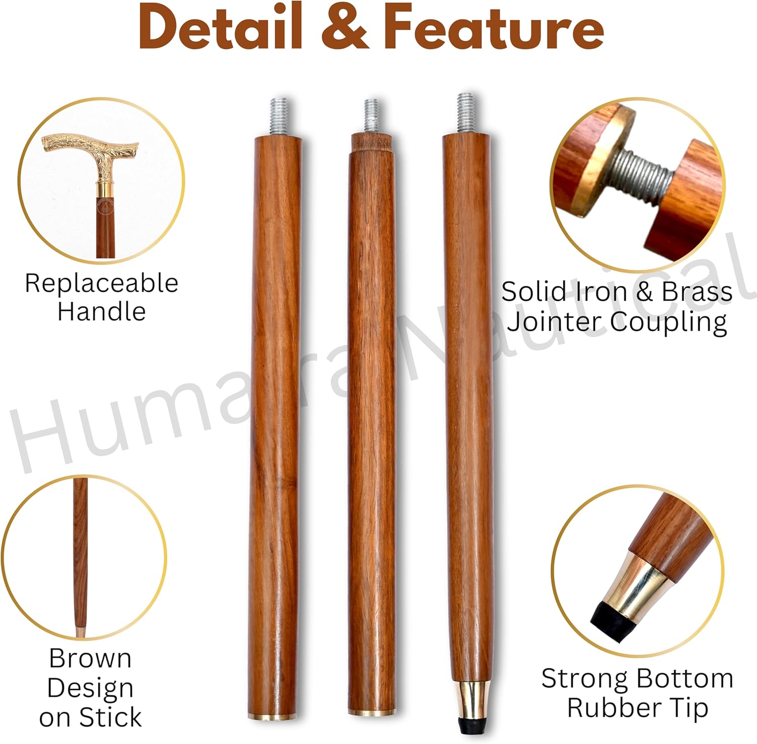 Humaira Nautical Walking Stick - Men Derby Canes and Wooden Walking Stick for Men and Women - 37" Brown Ebony Brass T Shape Handle in Golden Tone Natural Wood Unisex Cane image number 6