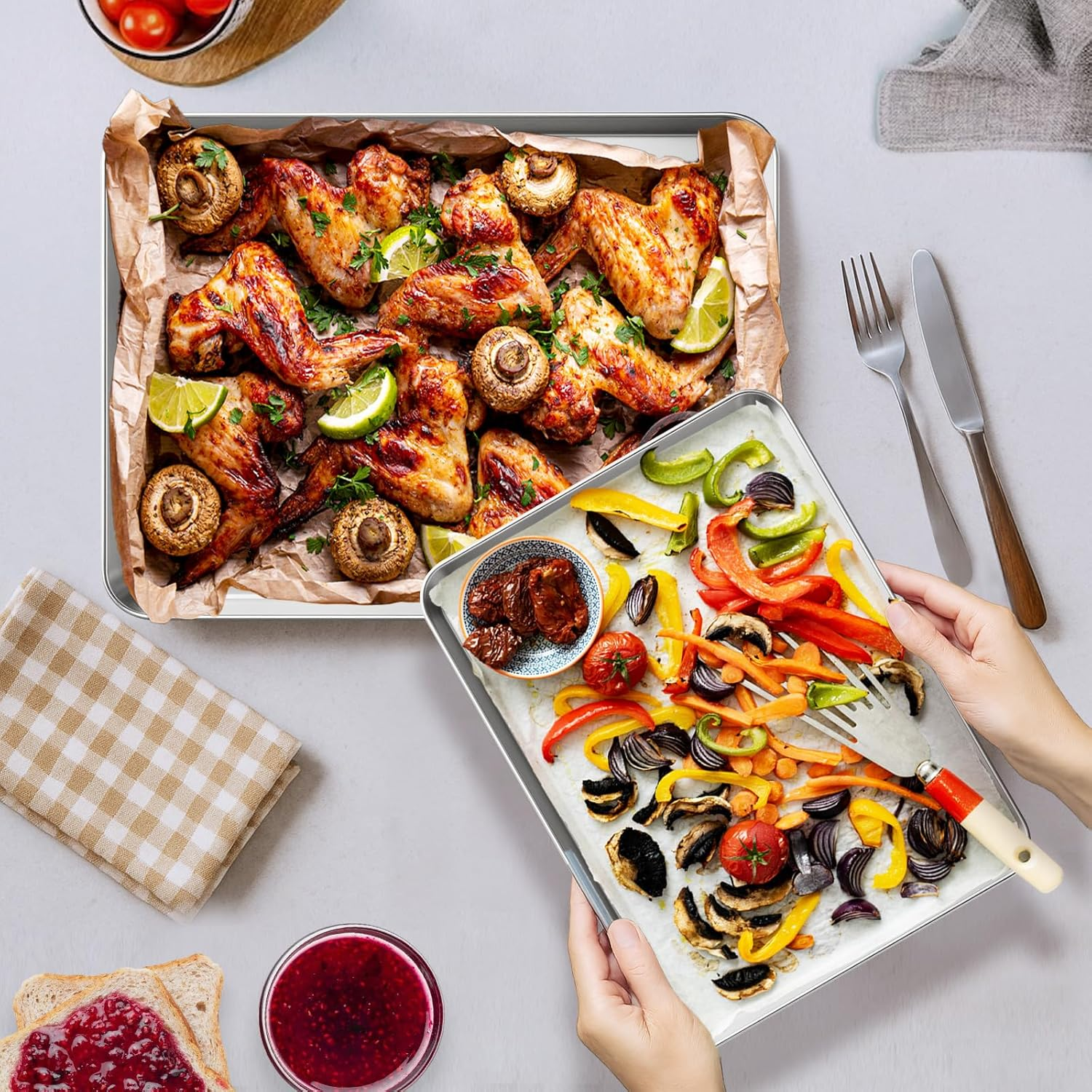 Shakico Stainless Steel Baking Tray - 3 Pack Oven Baking Tray, Non Stick & Non Toxic Baking Sheet for Cooking, Roasting, Heavy Duty Bakeware Sets, 22.8/31.5/40.6 Cm image number 4