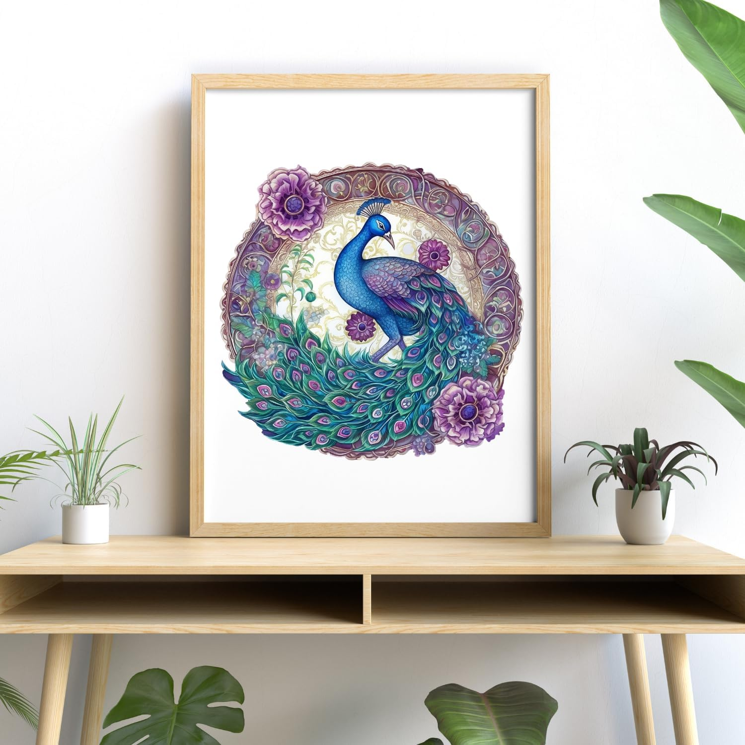 CRAFTHUB Enchanted Feather Blue and Purple Peacock Surrounded by Flowers Wooden Jigsaw Puzzle, Large/A3