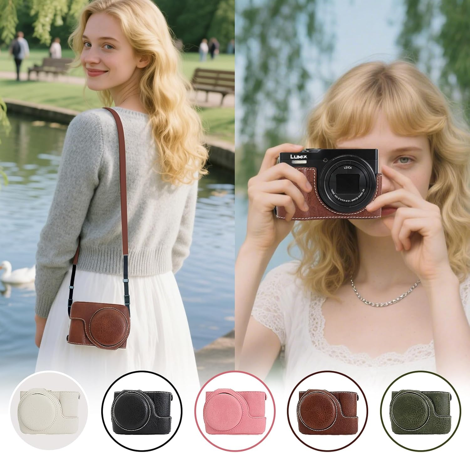 Rieibi TZ99 Camera Case, PU Leather Camera Case for Panasonic Lumix DC-TZ99/ZS99 Digital Camera, Detachable Protective Case with Adjustable Shoulder Strap, Beauty Cover - Green image number 6