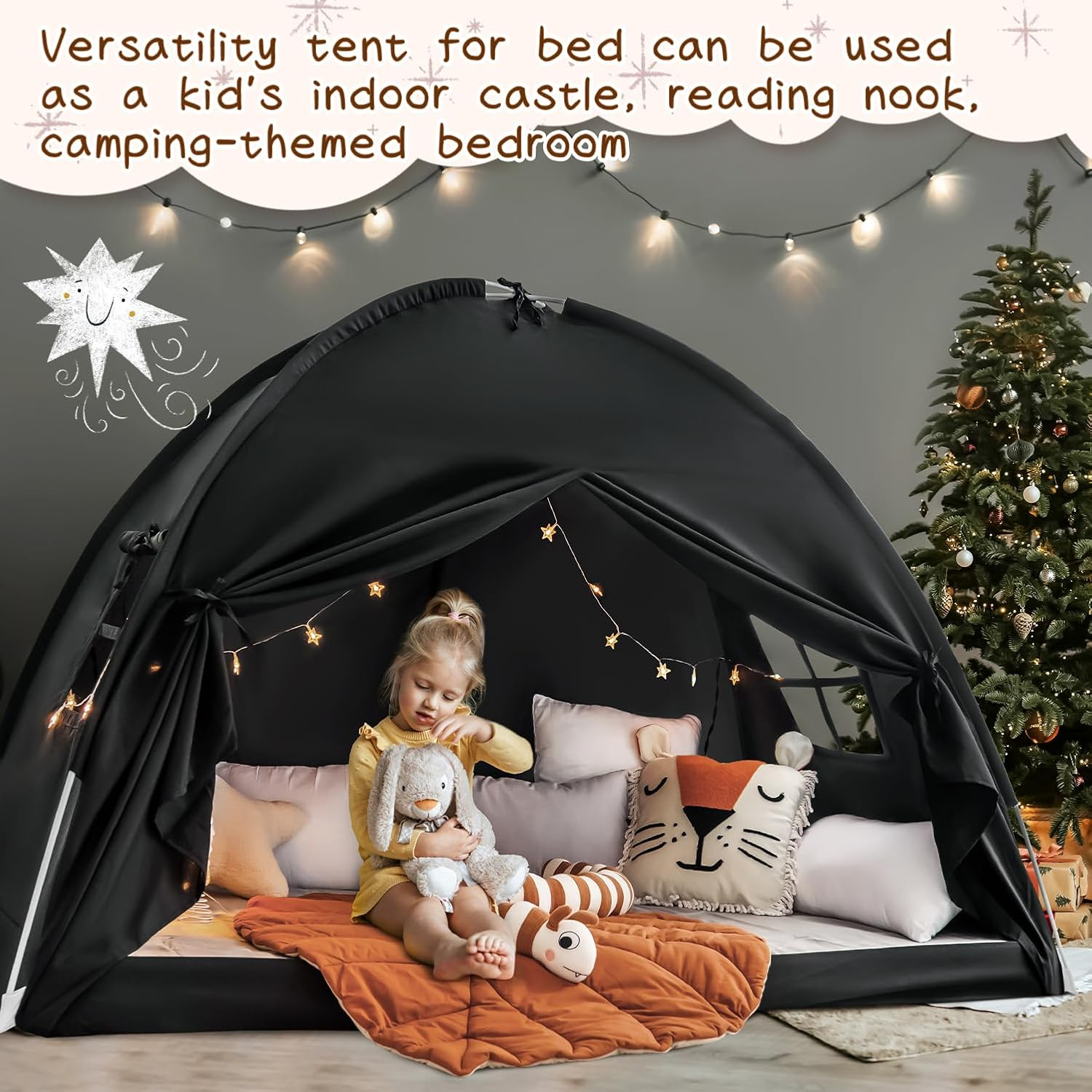 Twin Size Bed Canopy Bed Tents Dream Tent on Bed Privacy Space Blackout Sleeping Tents Indoor Breathable Portable Cottage Drafty Room Floor Bed Tents (Black) image number 1