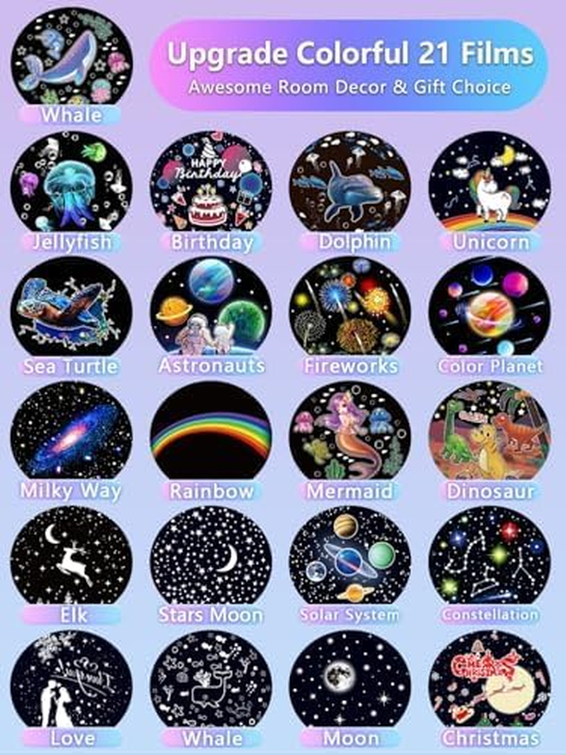 21 Sets of Films, Projector Night Light for Kids Bedroom, Ceiling, Kids Night Light Projector, Star Galaxy Projector for Baby Girls with 360&deg; Rotating, Birthday, Christmas, Nursery, Room Decor image number 6