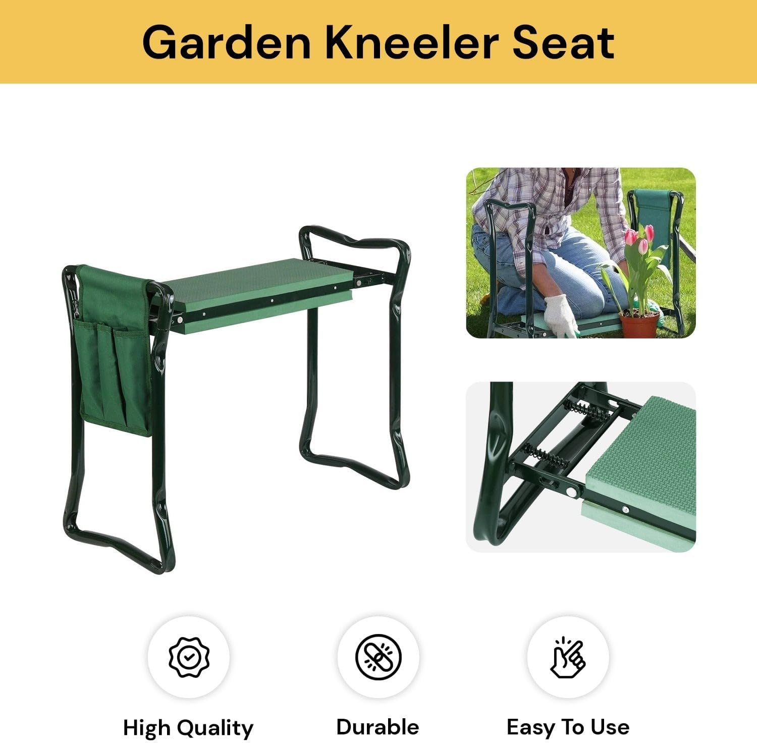 EZONEDEAL Garden Kneeler Stool Seat, Folding Stool 2 in 1, Portable Kneeling, Foldable Bench Foam Pad Protect Knee - 2 Tool Pouches Easy to Carry Lightweight and Practical image number 5