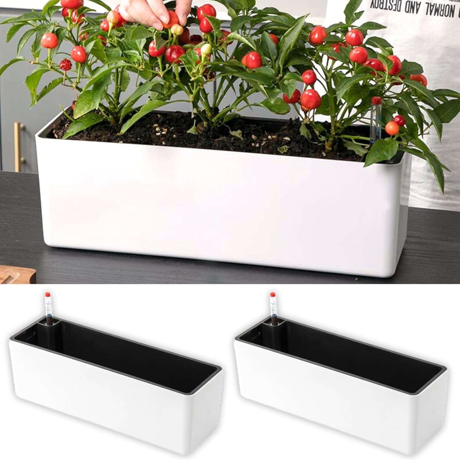 Lalagreen Planter Box for Indoor Plants (2 Pack, 16 Inch) Black Rectangular Self Watering Flower Pot, Large Window Boxes Planters with Drainage Decorative Modern Balcony Windowsill Herbs Home Garden