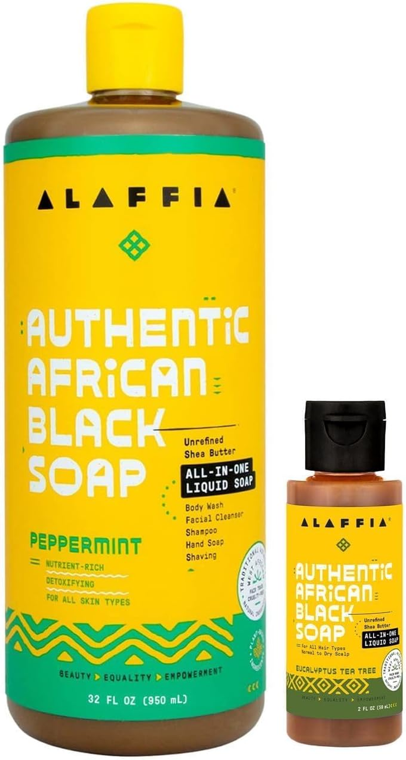 Alaffia Authentic African Black Soap Variety 2-Pack &ndash; All-In-One Liquid Soap, Travel-Size Eucalyptus Tea Tree + Full-Size Peppermint Body Wash, Face Wash, Shampoo, Shaving Soap image number 5