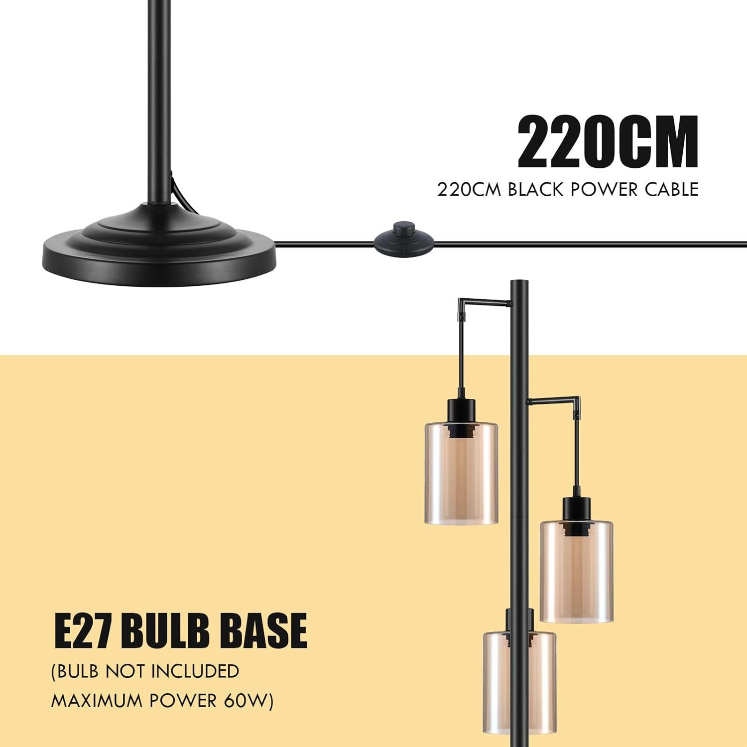 Modern LED Floor Lamp 3 Lights Black Standing Corner Reading Light Living Sitting Room Decor 165Cm with Glass Lampshades image number 5