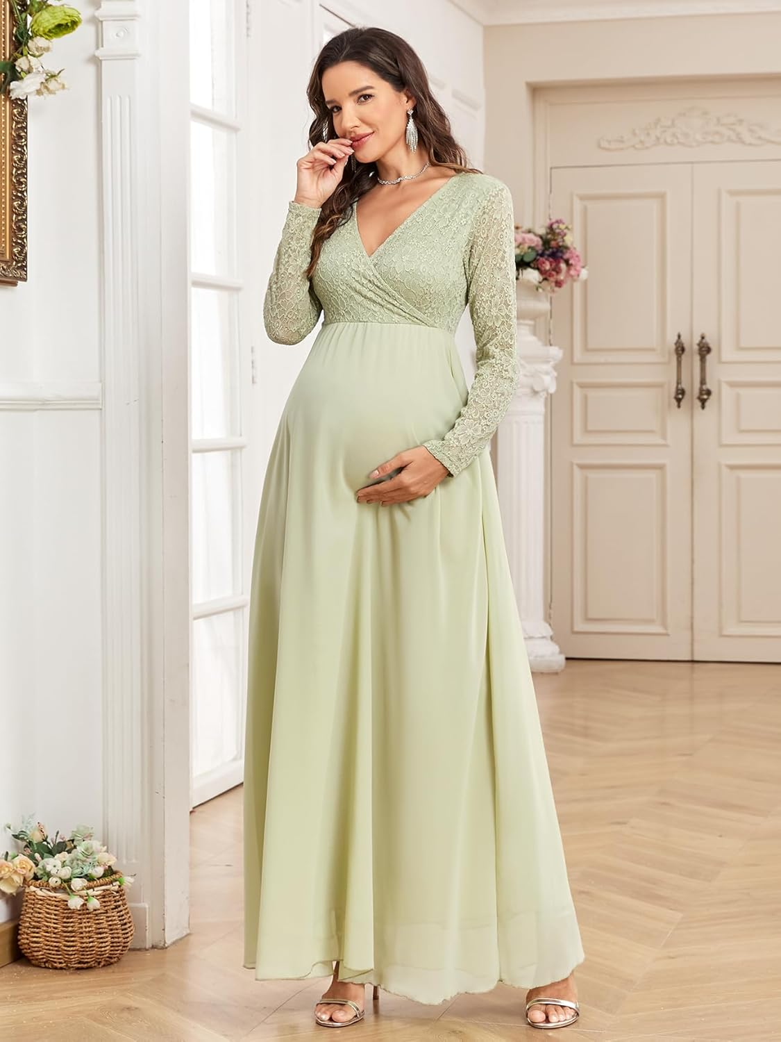 CYCLAMEN Maternity Dress Flowy A-Line Wrap Gown with Floral Lace and Contrast Chiffon Long Sleeve V Neck for Baby Shower image number 6