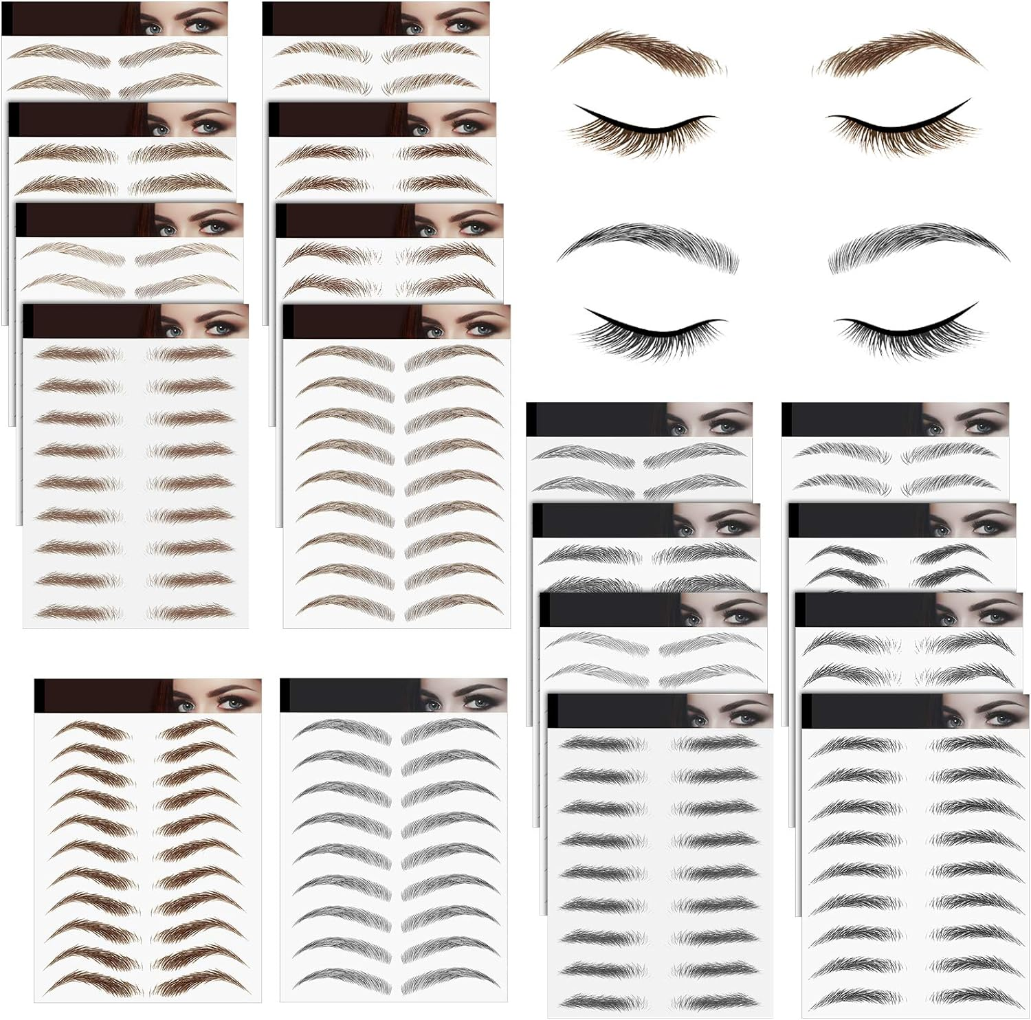 Blulu 18 Sheets 180 Pair 4D Hair like Waterproof Eyebrow Tattoos Stickers Faux Eyebrow Transfers Sticker Temporary Brow Tattoo Peel off Grooming Shaping Decal in Arch Style for Women(Brown and Black)