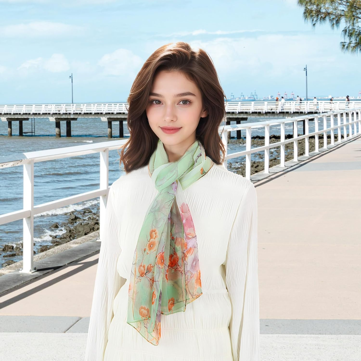 Lamca Chiffon Scarf - Ladies Scarves Lightweight Floral Print Scarf for Women UK - Black White-17 image number 7