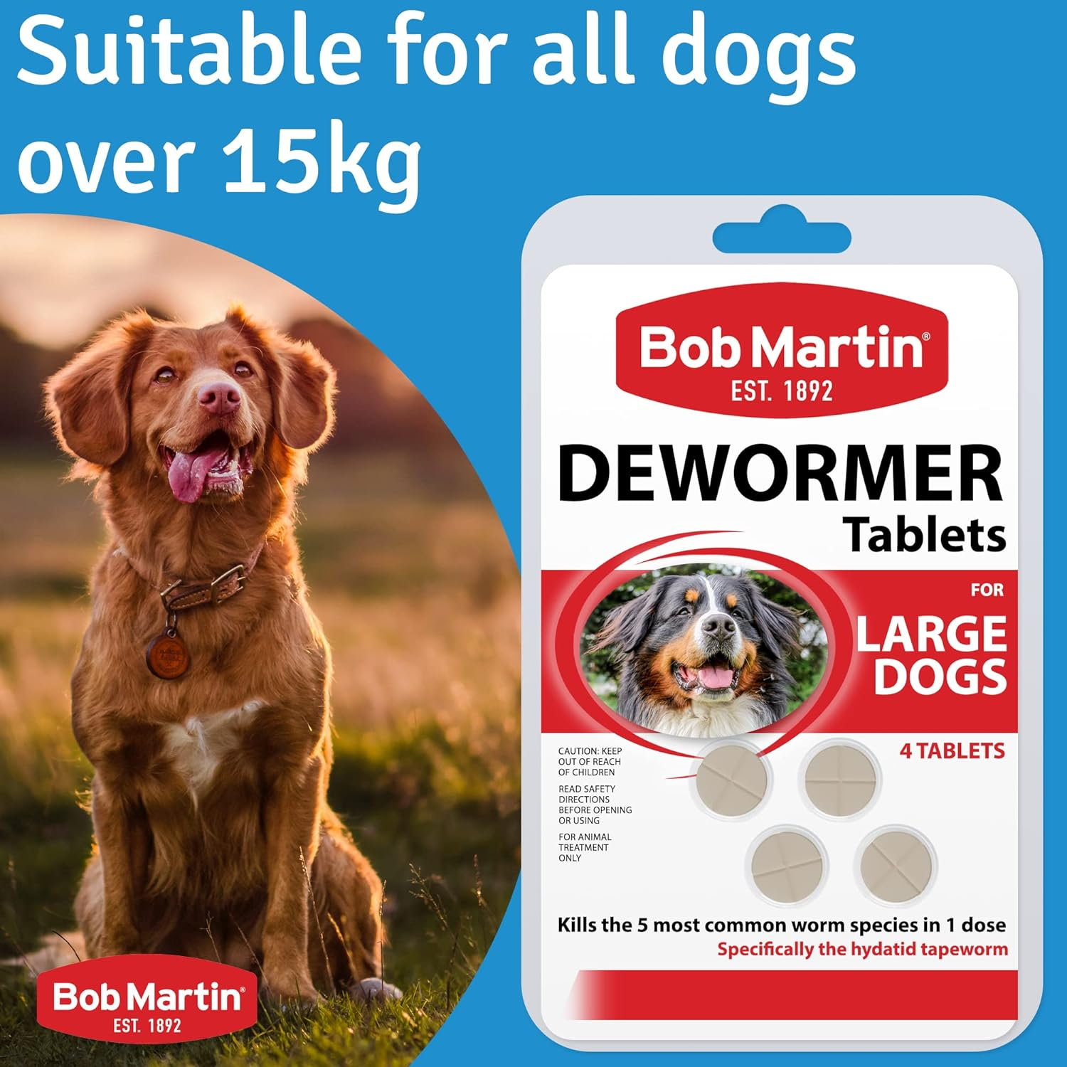 Bob Martin Worming Tablets for Dogs - Worming Treatment for Medium & Large Dogs. Kills 5 Most Common Worms in 1 Dose. 4 Chewable Liver Flavored Tablets 40G image number 1