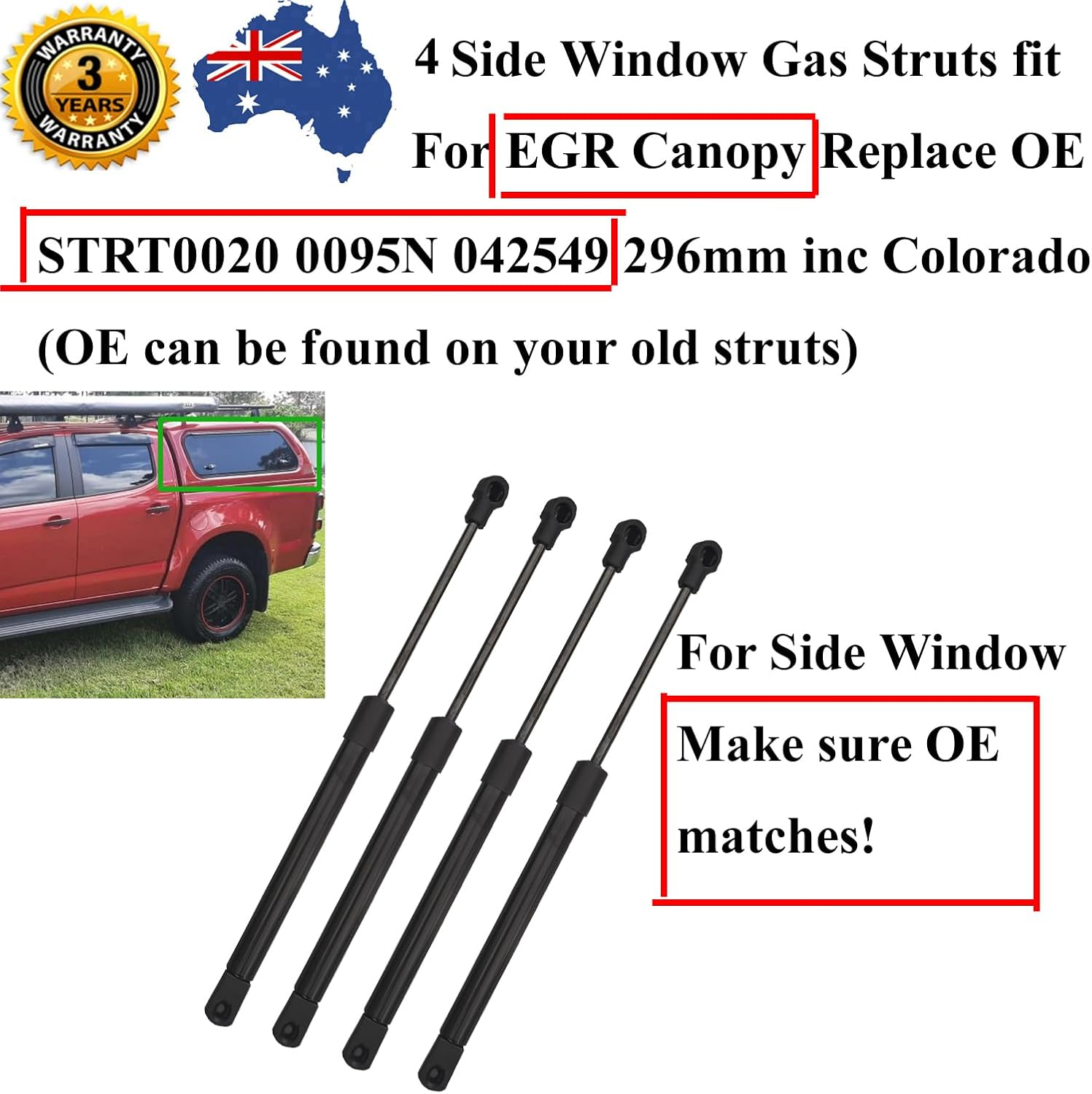 AONNOUS 4PCS Gas Struts for EGR Canopy Side Window;Replace OE STRT0020 0095N 042549;Support UTE Pick up Inc Colorado;95 Newtons 296Mm Center Distance image number 2