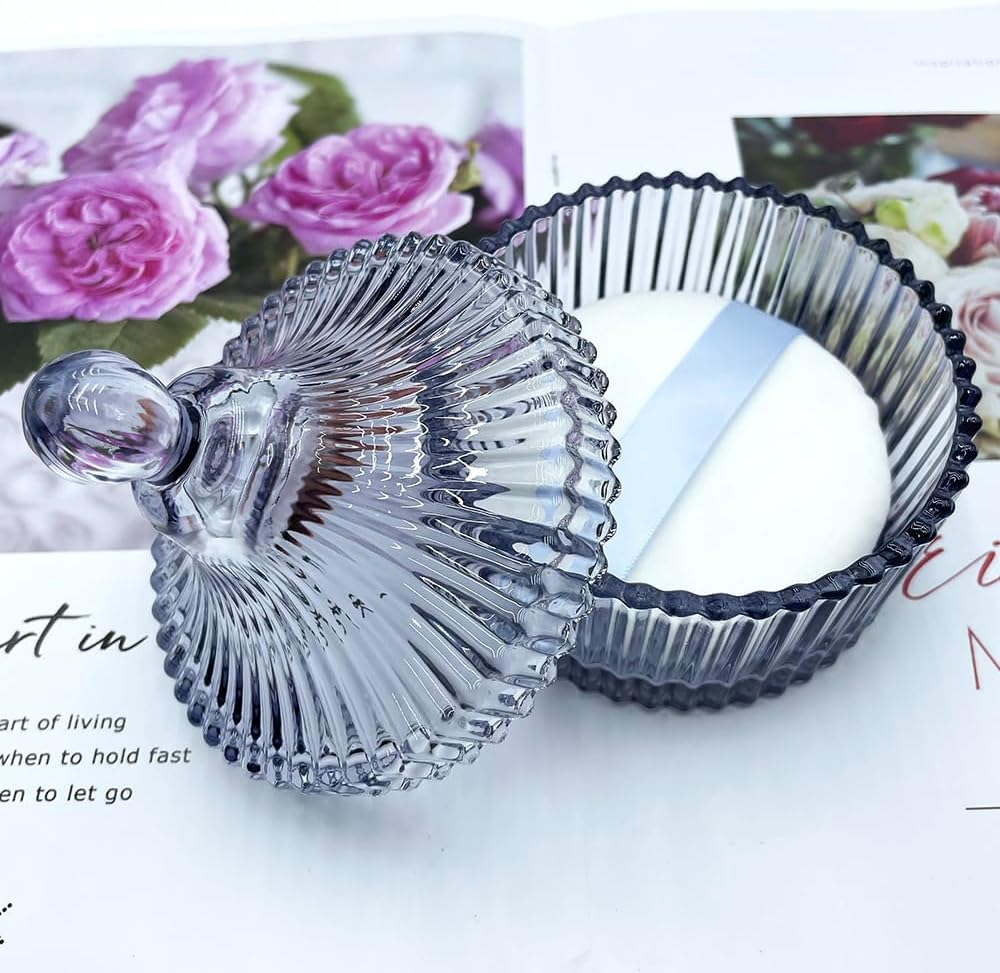 Ultra Soft Powder Puff and Container 3.3" High Density Velvet Dusting Washable Reusable Powder Puff,Body Powder Puff and Glass Jar Holder Loose Powder Box with Puff for Face Makeup(Gray) - Yurt-Amber image number 2