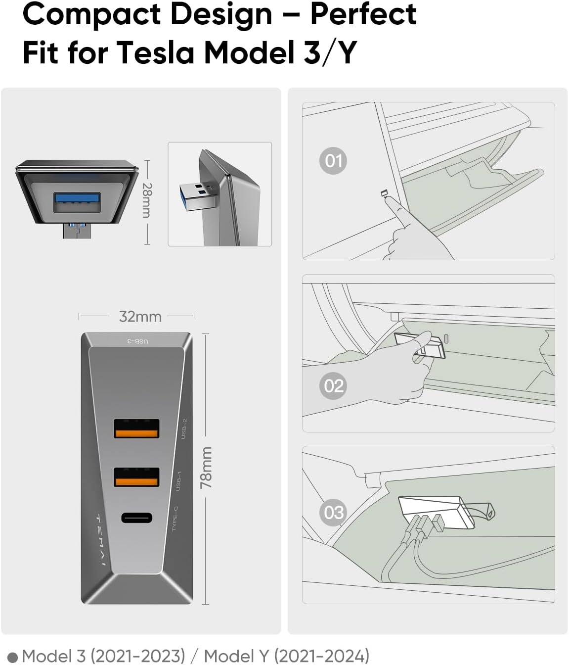 Tesla USB Hub, USB 3.0 Data Transfer, Type-C and USB Ports, Compact Design (Glovebox Hub, Horizontal Plug - 3(21-23) & Y(21-24)) image number 4
