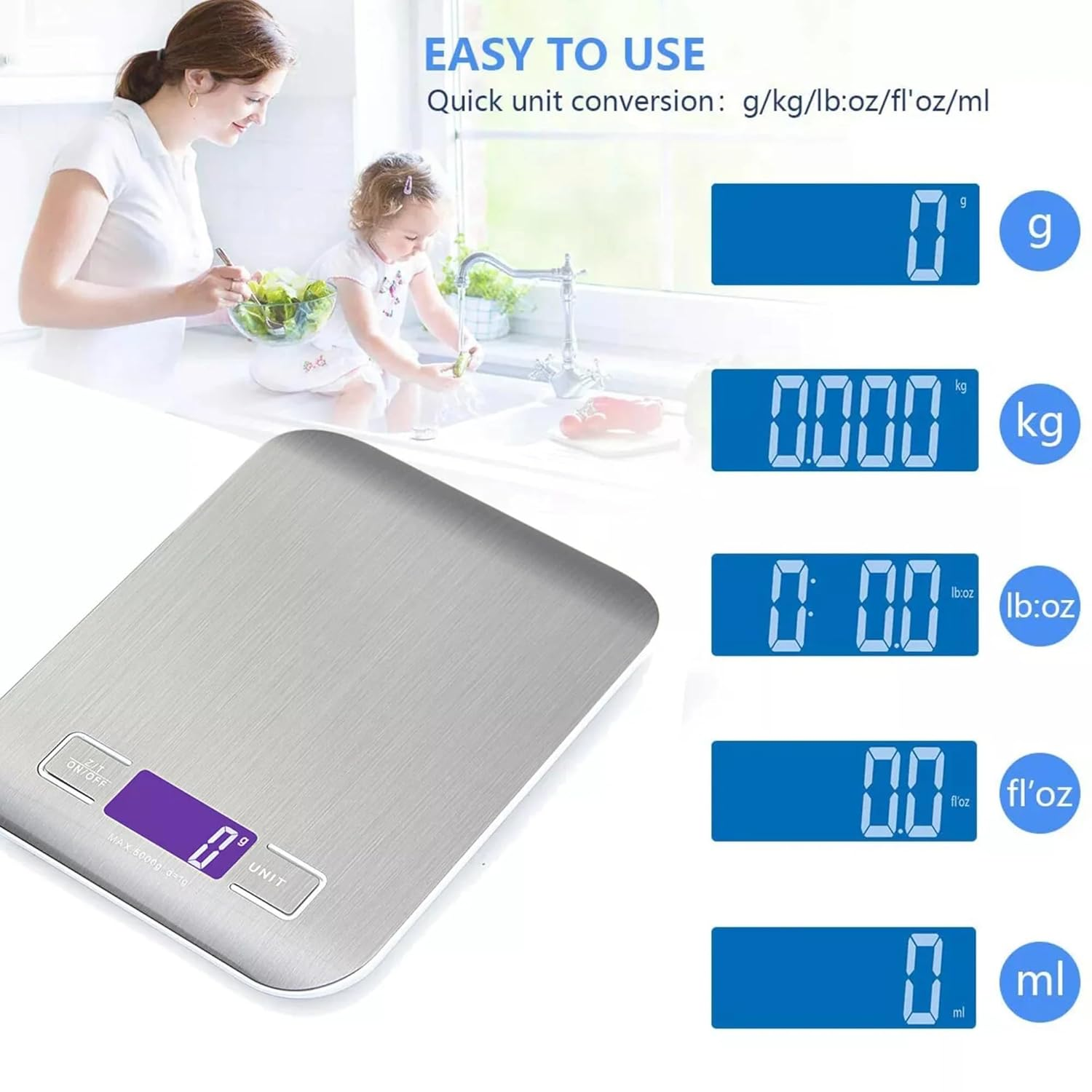Salesbay Kitchen Scale Cooking LCD Digital 5Kg/1G Stainless Steel Food Weight image number 4