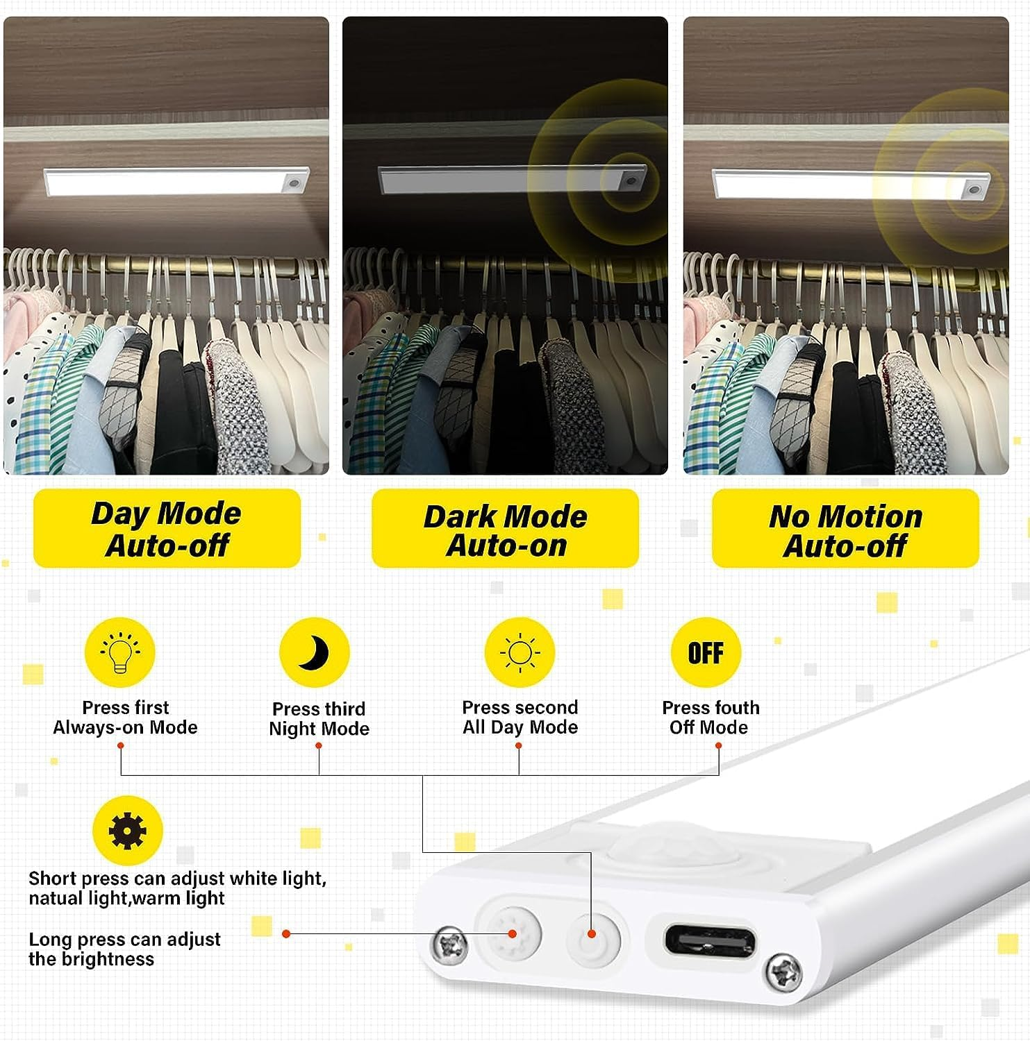 2Packs（20Cm） Closet Lights under Cabinet Magnetic Motion Sensor Wireless USB Rechargeable 68-LED 3 Color Dimmable Magnet Touch Light Bar for Wardrobe, Cabinet, Kitchen Stairs Hallway Camping image number 6