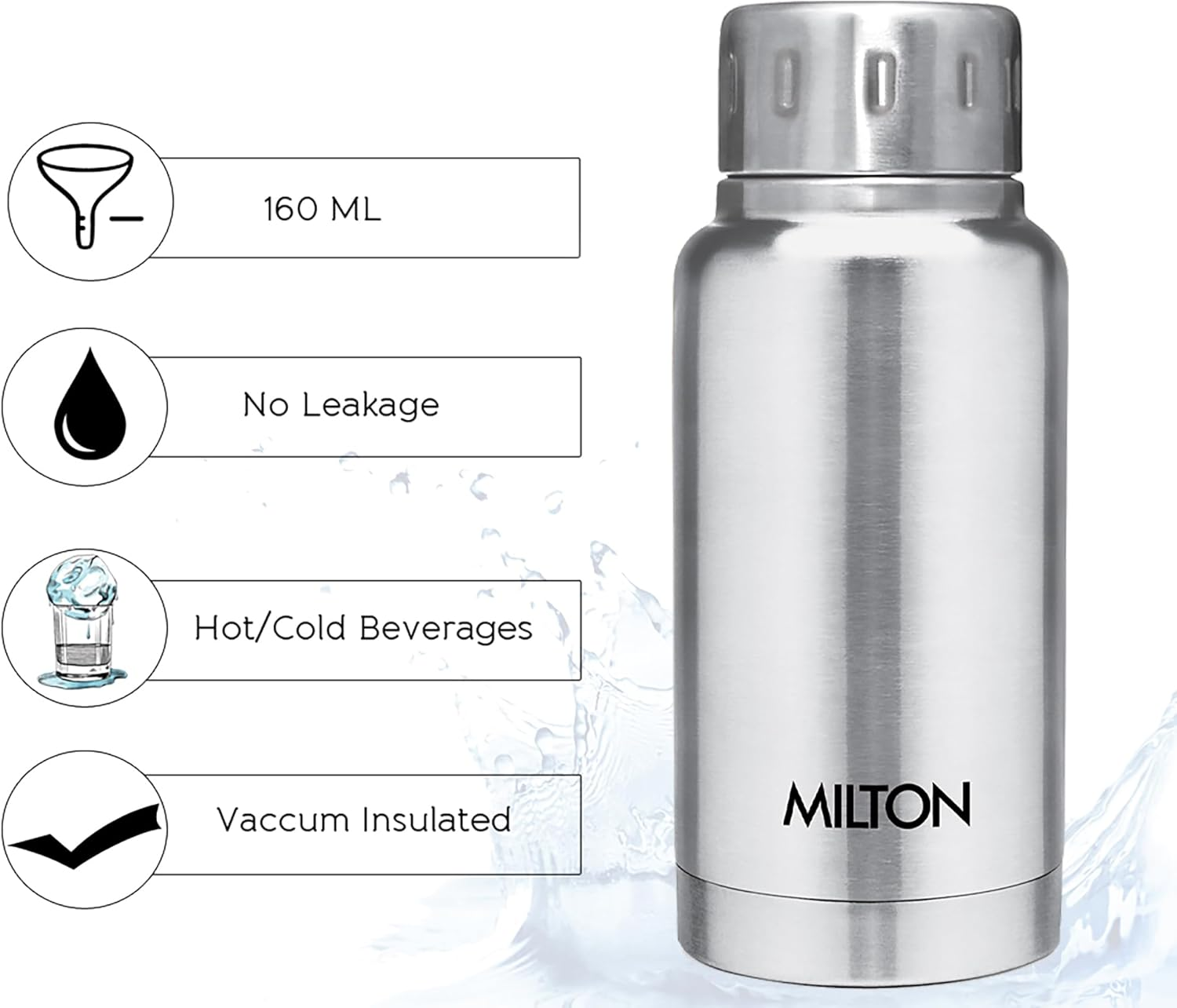 Milton Insulated Small Water Bottle 5.4 Oz (160 Ml) Stainless Steel Double Walled Vacuum Flask Hot and Cold Drinks, Leak-Proof Simple Screw Lid, Office, Gym, Elfin 160 Silver image number 2