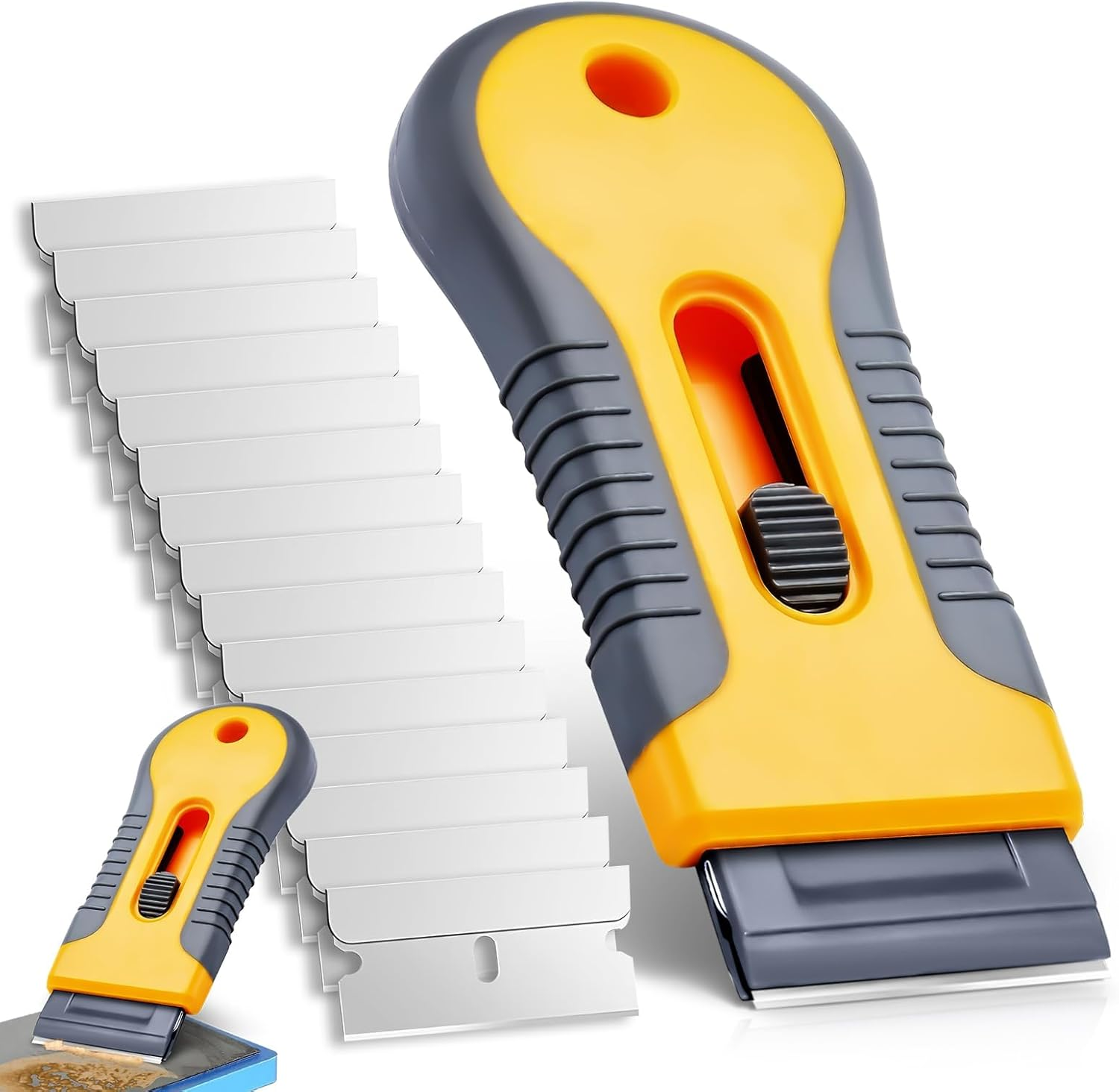 Razor Blade Scraper, Cleaning Razor Scraper for Glass with 15 Pcs Extra Blades, Razor Blade Retractable for Removing Labels, Stickers, Decals, Glue Residue, Paint from Glass (Yellow) image number 4