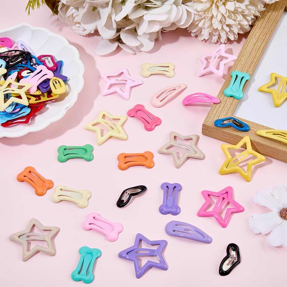 SOFPLATE 80Pcs 4 Styles Small Star Hair Clips Colorful Hair Snap Clips Aesthetic Assorted Steel Heart Teardrop Bone Pet Grooming Metal Hairpins Barrettes for Short Long Hairstyle DIY Decor Accessories image number 4