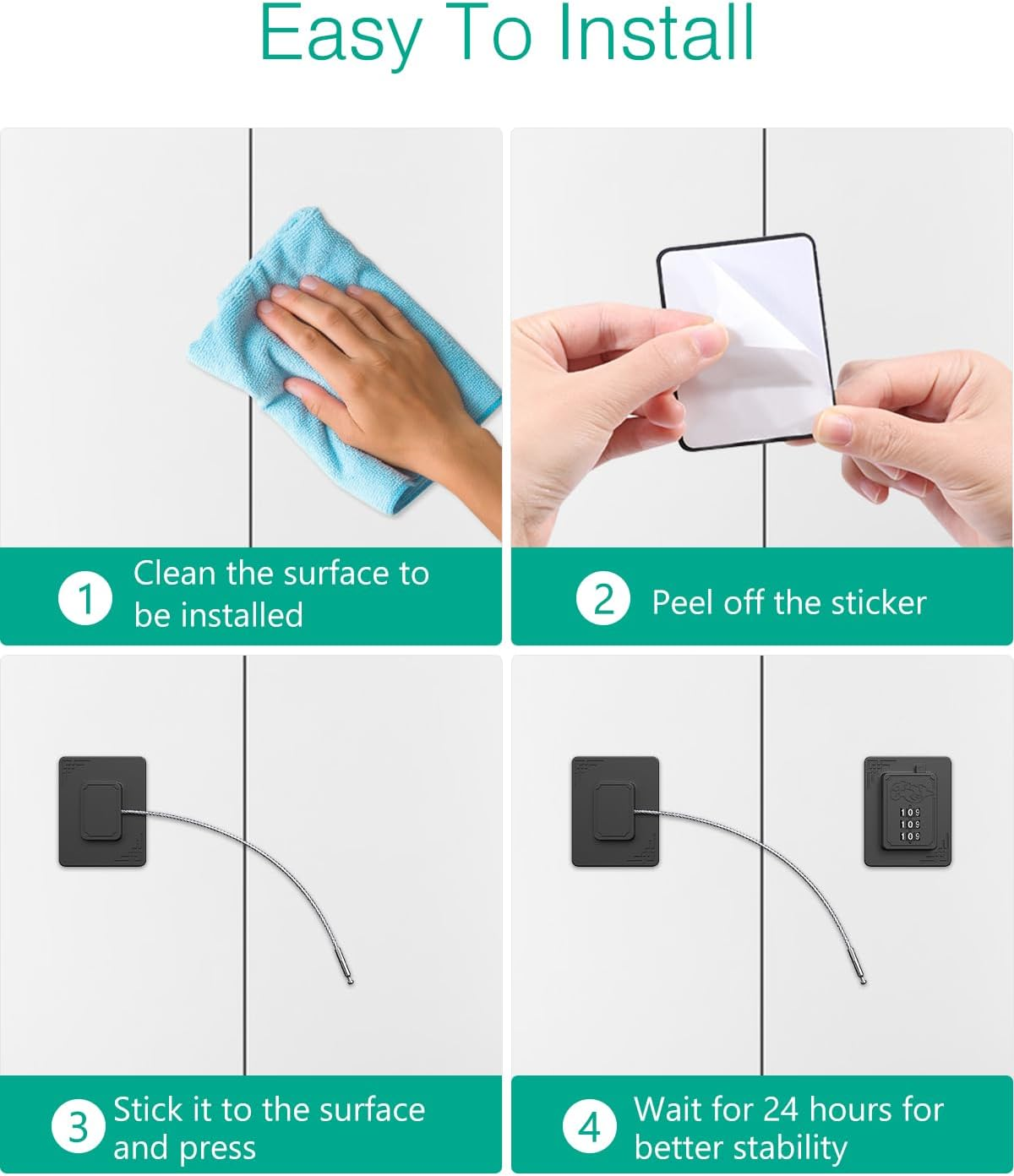 ORIA Refrigerator Lock, 2Pcs Child Proof Fridge Lock, Freezer Door Lock with 3-Digit Code, Child Safety Lock for Door, Drawer, Cabinet, Closet, Window, Easy Install No Keys No Drill Needed image number 3