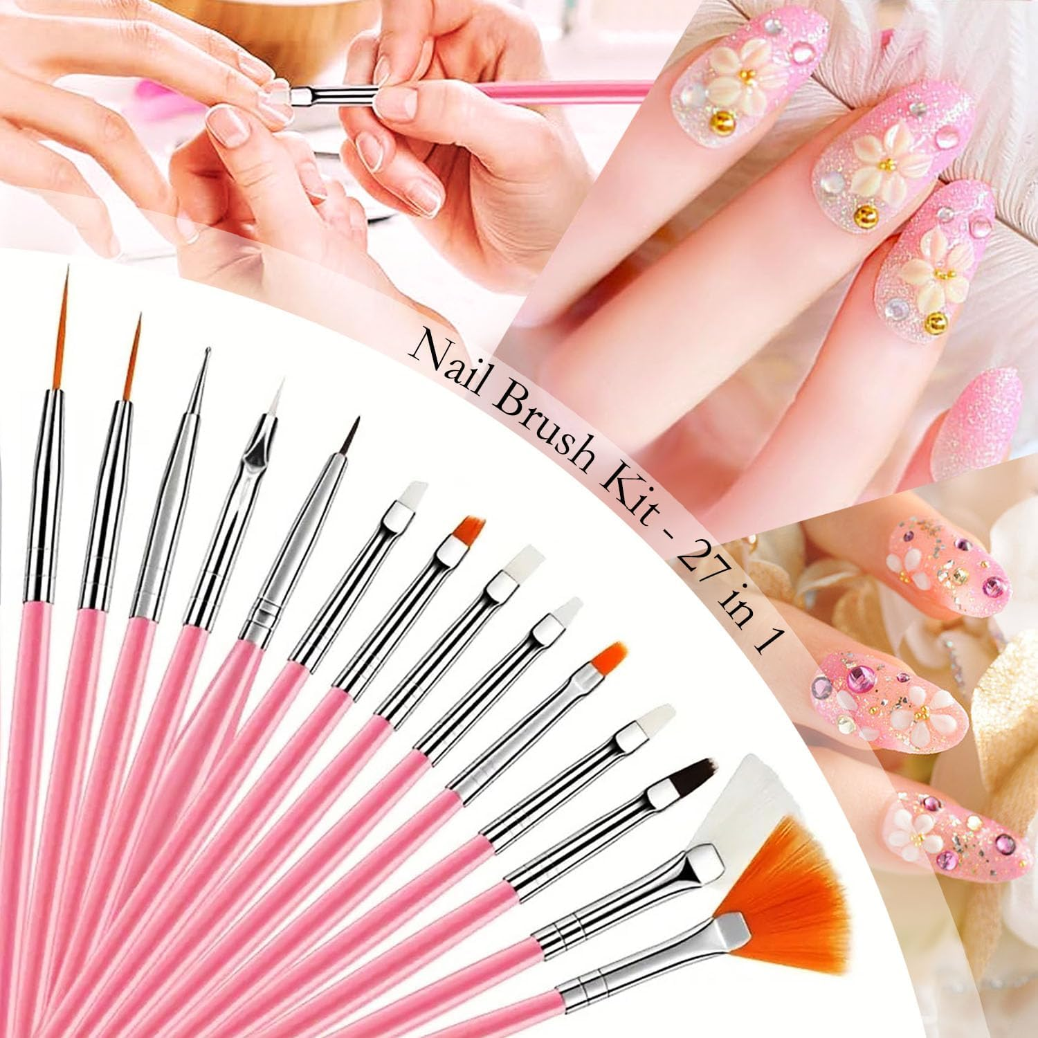 Nail Art Tools 27Pcs Set,Nail Art Brush,Resin Nail Art Palette,5 Pcs Nail Art Pens Liner Brush,2-Way Acrylic Silicone Engraving Pen Dotting Pen Tools Nail Art Kit for Nail Art DIY image number 4