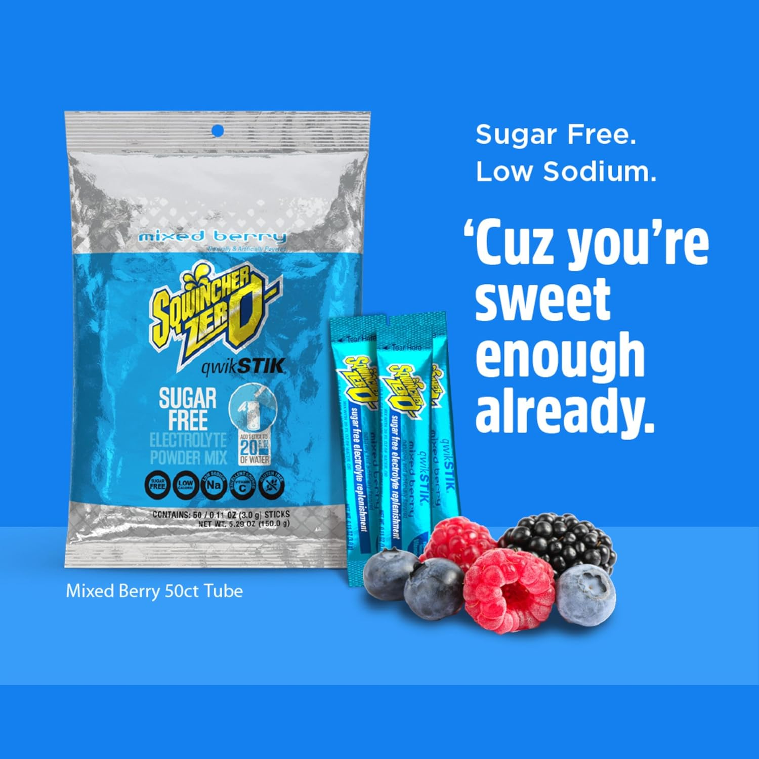 Sqwincher ZERO Qwik Stik - Sugar Free Electrolyte Powdered Beverage Mix, Mixed Berry (Pack of 50) image number 3