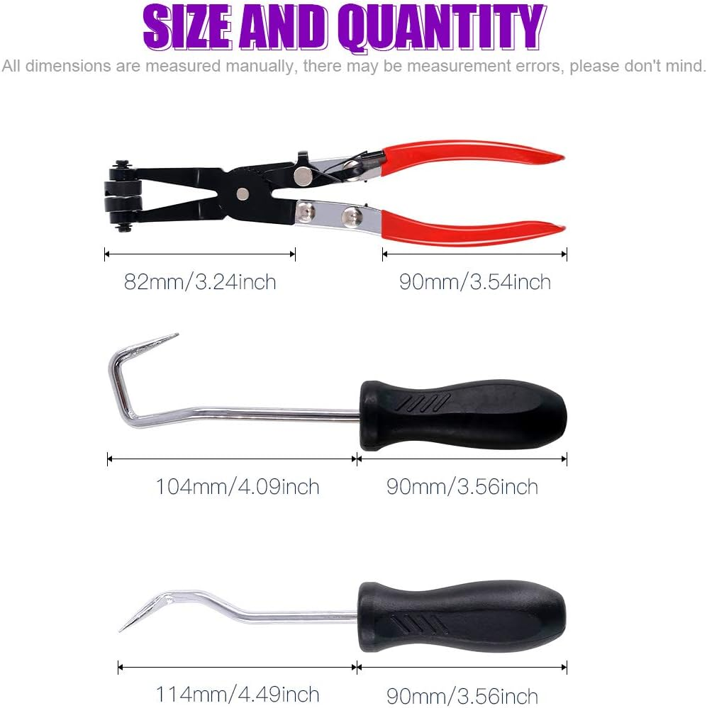 Swpeet 3Pcs Hose Clamp Plier Set, Including 45&deg; Flat Band Hose Clamp Plier Angled Swivel Jaw Locking Car Water Pipe with 2Pcs Hose Removal Hook Set Perfect for Hose Installations of Low Radiators