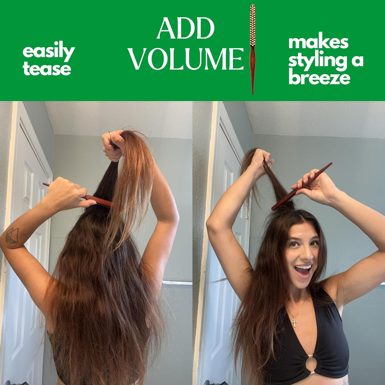 Grannaturals Soft Boar Bristle Teasing Brush for Slick Back Hair, Backcombing, Edge Control, Smoothing Baby Hairs to Create Volume and Sleek Hairstyle - White Bristles - Wooden Rat Tail Comb Handle image number 4