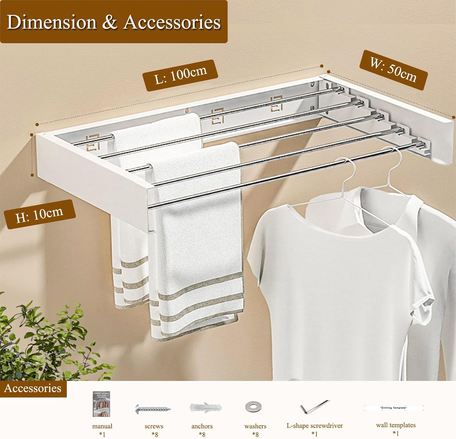 GMYMTM Space-Saving Foldable Wall-Mounted Drying Rack - 100Cm 5-Rod Clothes Airer | 20Kg Heavy-Duty for Laundry, Balcony & Small Homes (White, Indoor/Outdoor) image number 5