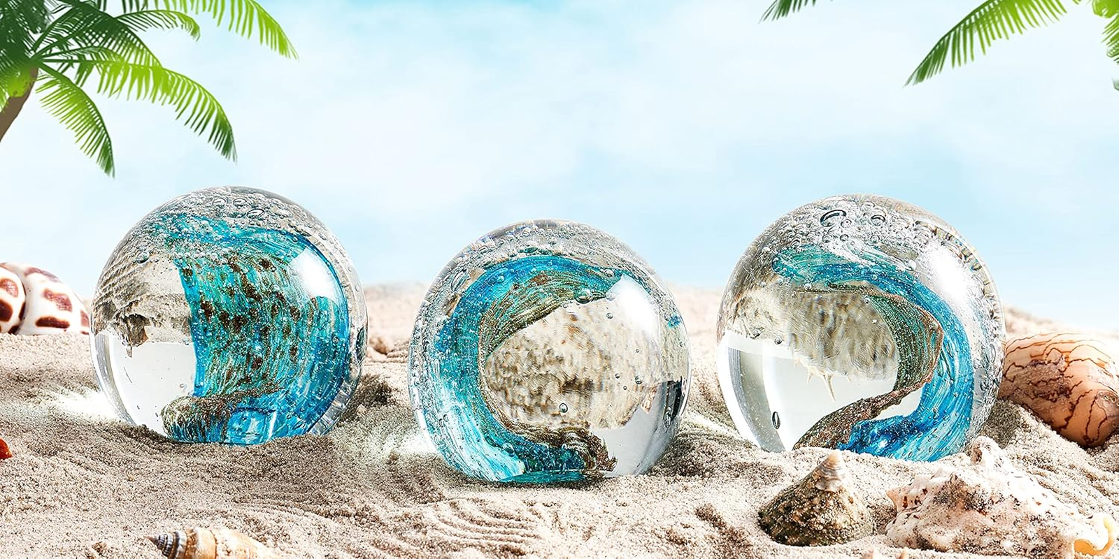 EUSTUMA Hand Blown Glass Figurines Ball Ocean Waves,Office Paperweight Glass for Desk,Home Decor Collectible,Aquarium Decor,Office Decor Ocean Lovers (Waves) - Wave Paperweight image number 5