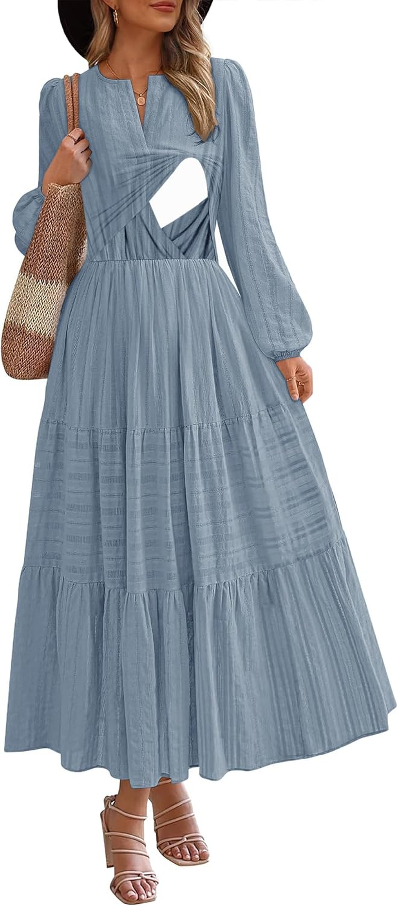 Nursing Fall Dresses for Women Puff Long Sleeve V Neck Tiered Wedding Guest Maxi Dress with Pockets