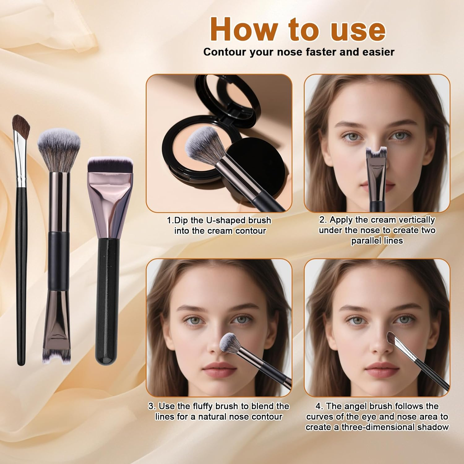 BOXOB 3Pcs Nose Contour Brush Set, U-Shaped Fluffy & Angled Brush Flat Brushes Sculpting Dual-End Nose Brushes Makeup Tools for Sculpting and Defining Blending Buffing image number 5