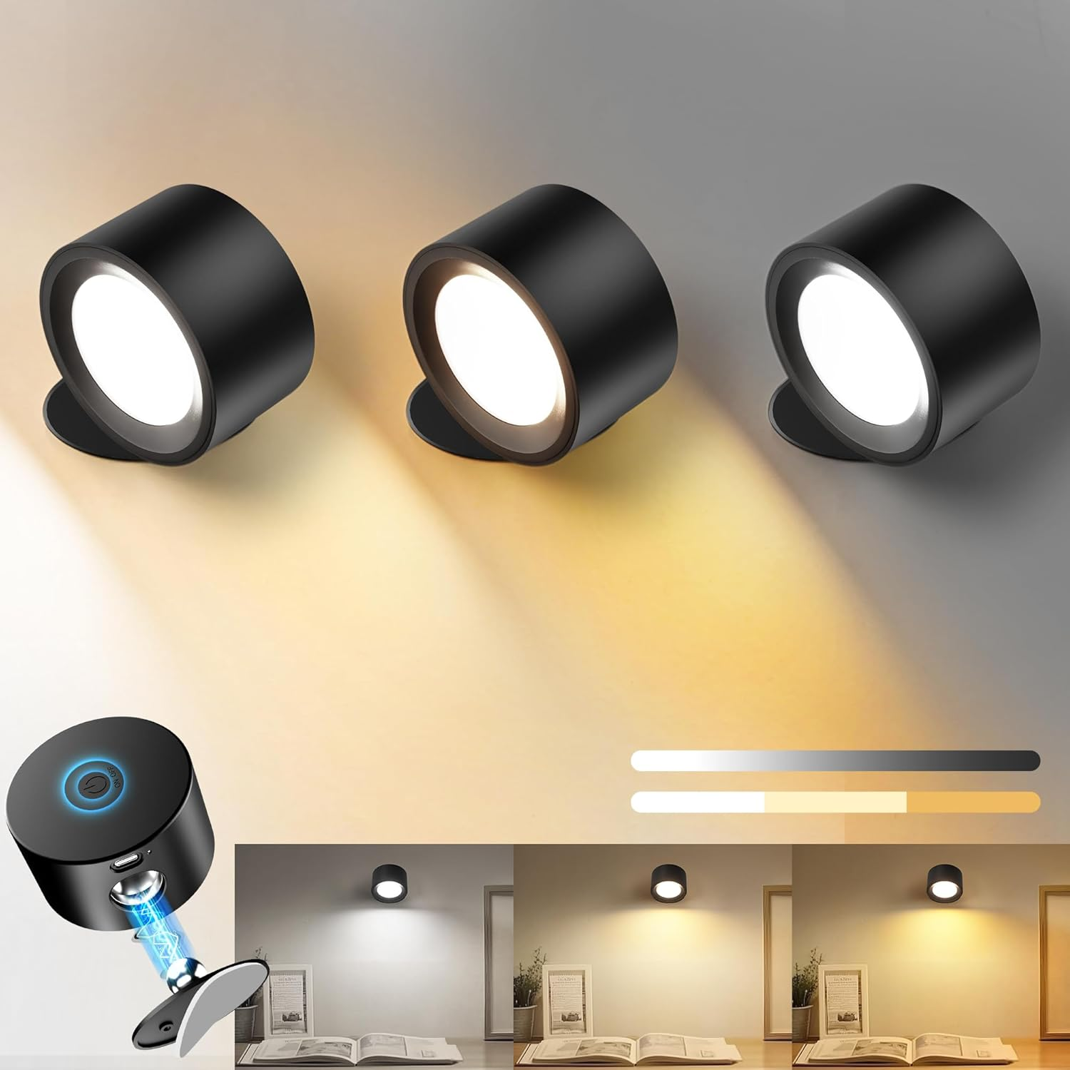 LED Wall Sconces Battery Operated 360&deg; Rotation Decor Wall Mounted Cordless Lights, 3 Color Temperatures & Dimmable, Wireless Magnetic Picture Lights Bedside Wall Lamps Bedroom, Livingroom-Black