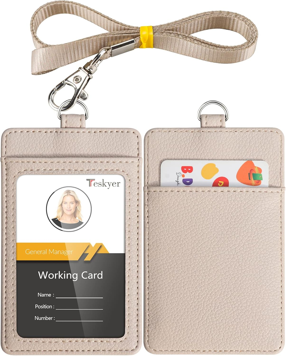 Teskyer Badge Holder with Lanyard, Leather ID Name Badge Card Holder with Lanyard for ID Badges,For Office School Work, Vertical, Lichi Cyan