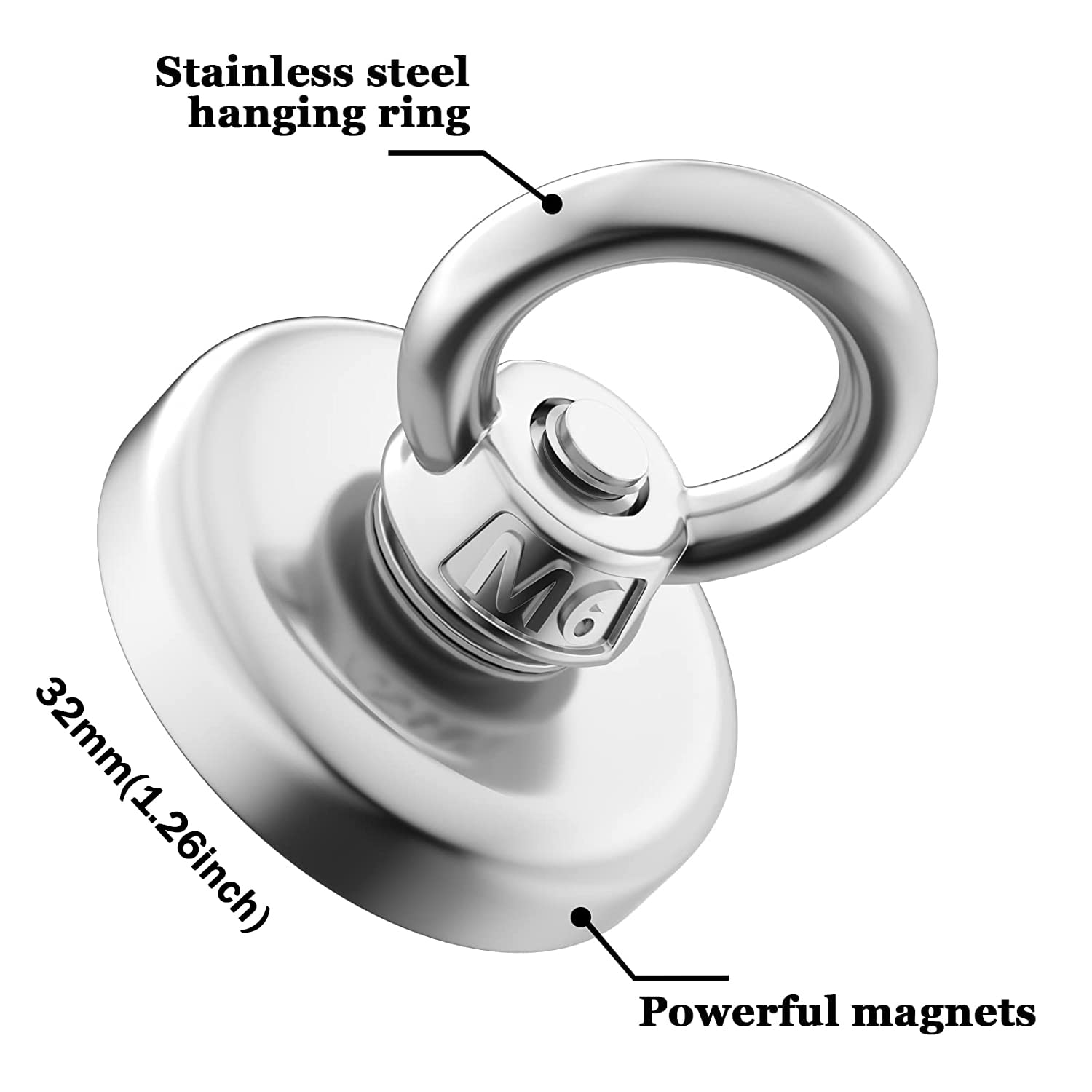 MIN CI Strong Neodymium Magnets Fishing Rare Earth Magnets 110Lb Pulling Force Heavy Duty 1.26 Inch(32 Mm) Industrial Magnets for Retrieving in River and Salvage, Pack of 2 image number 1