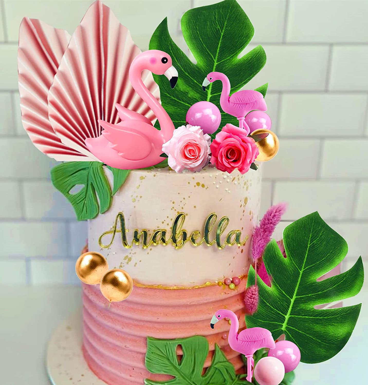 Jevenis Flamingo Cake Decoration Palm Leaves Cake Topper Gold Pink Balls Cake Decoration Rose Cake Topper Flamingo Tropical Party Supplies image number 1