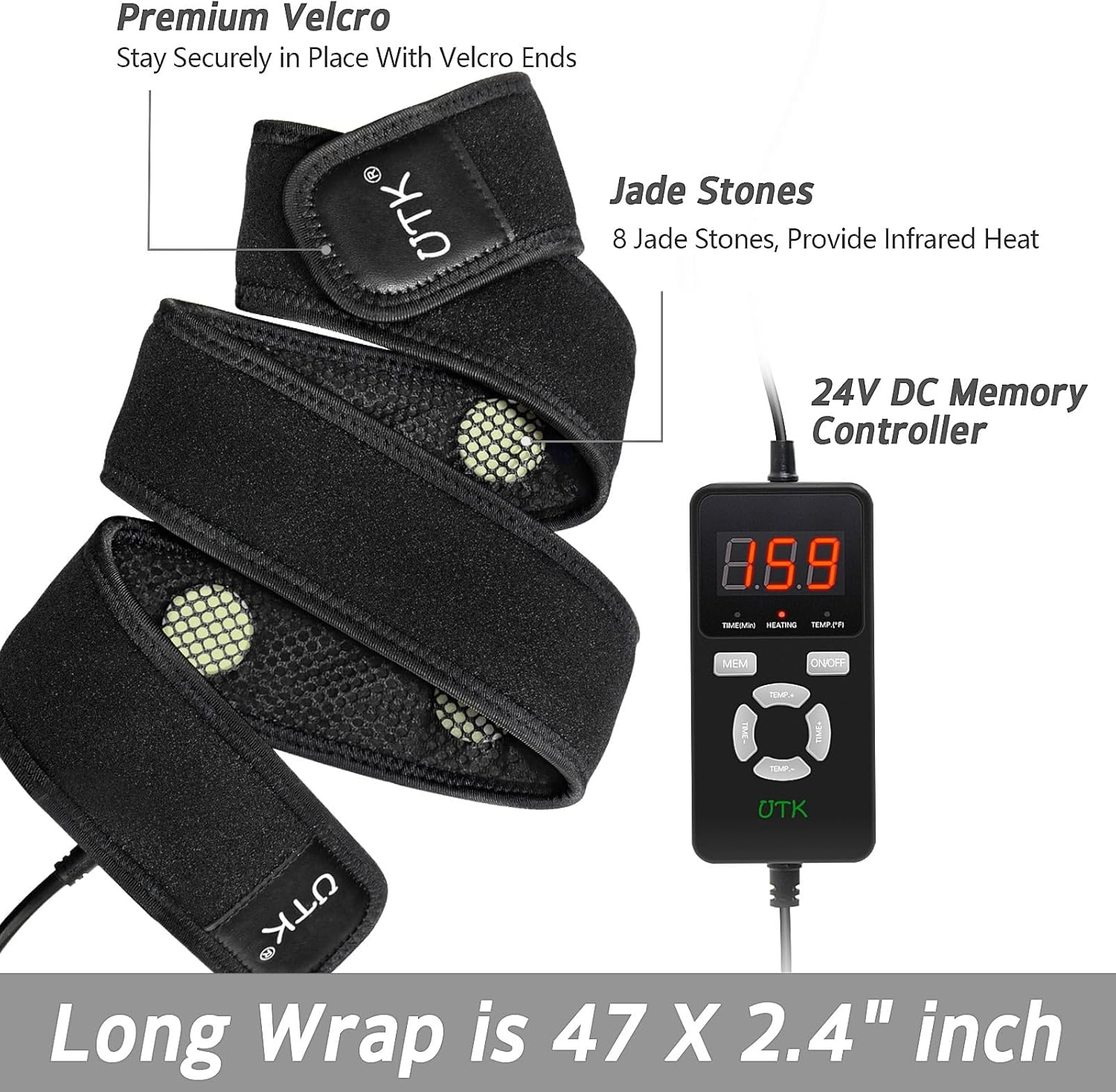 UTK Far Infrared Heating Pad, Heated Flexible Wraps for Arm Joint Elbow, Fast Heating, Hotter to 159℉, 4H Auto off & Memory Function, 120" Extension Cord, 47" X 2.4" with 8 Jade Stones image number 2