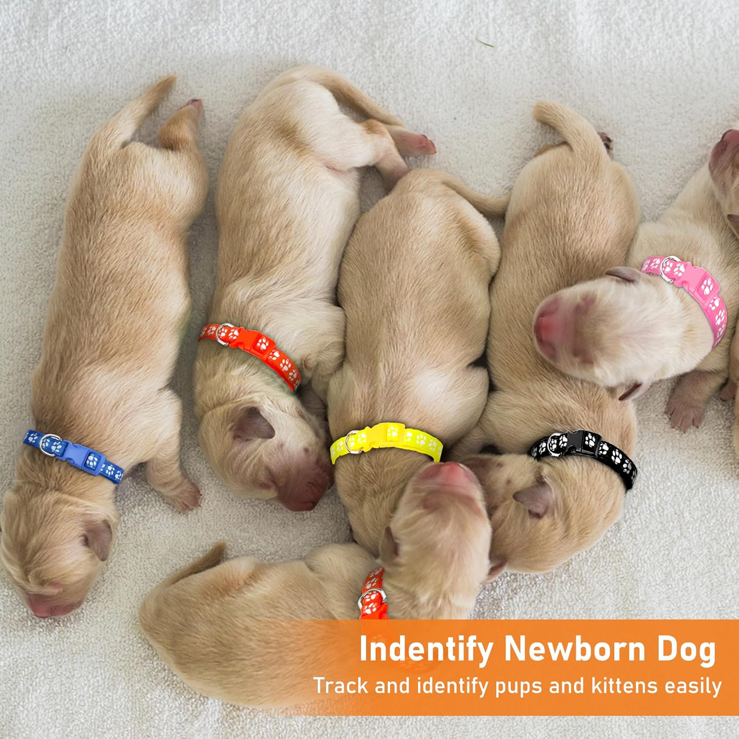 GAMUDA Puppy Collars, Super Soft Nylon Adjustable Whelping ID Bands, Footprint Pattern Litter Set with 2 Record Keeping Charts, 12 Pack (S)