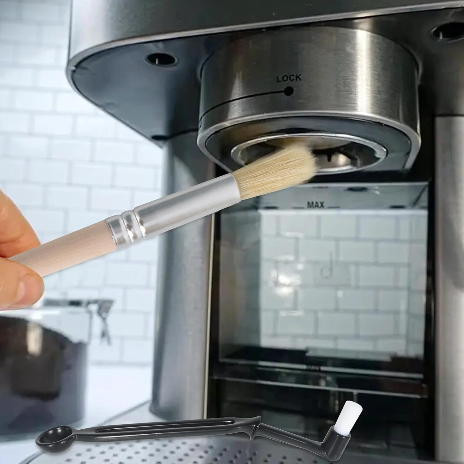 Coffee Machine Cleaning Set,5Pcs Coffee Grinder Brush with Spoon,Espresso Machine Cleaning Tool in Solid Wood,Ground Coff Cleaning Brush,For Bar,Bottle Teapot Nozzle & Air Blower