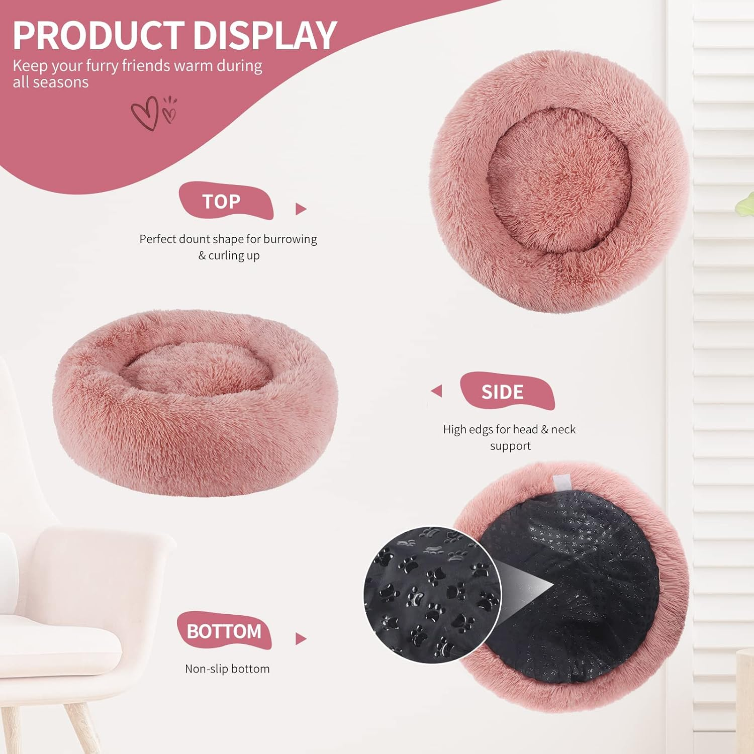 BVAGSS Anxiety Dog Bed, round Dog Beds Cat Bed Mattress Marshmallow Fluff Nest Calming Dog Bed for Small/Medium/Large Dogs XH034 (Diameter:80Cm, Bean Paste) image number 4