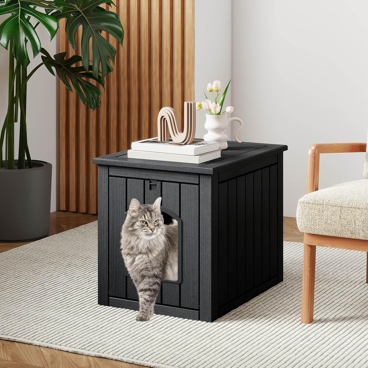 Costway Indoor Outdoor Cat House, Hidden Cat Litter Box Enclosure W/Flip Front Door & Raised Floor, Waterproof Puppy Shelter, Decorative Pet Cabinet Side Table for Poolside, Garden (Black) image number 2