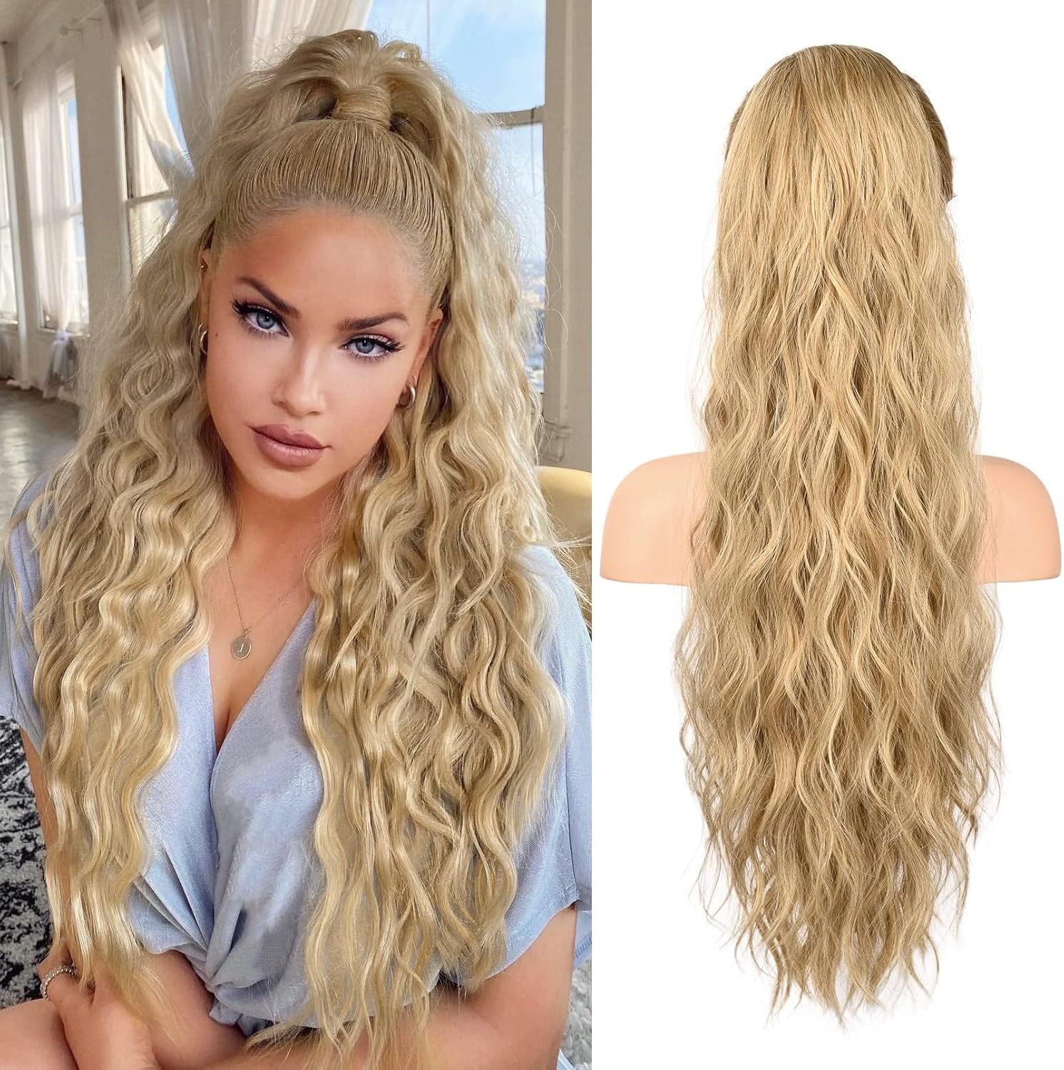 Ponytail Extension, 26 Inch Drawstring Ponytail Hair Extensions for Women,Long Curly Wavy Ponytail Natural Synthetic Hairpiece for Women (26&rdquo;Golden Blonde with Highlights) image number 4