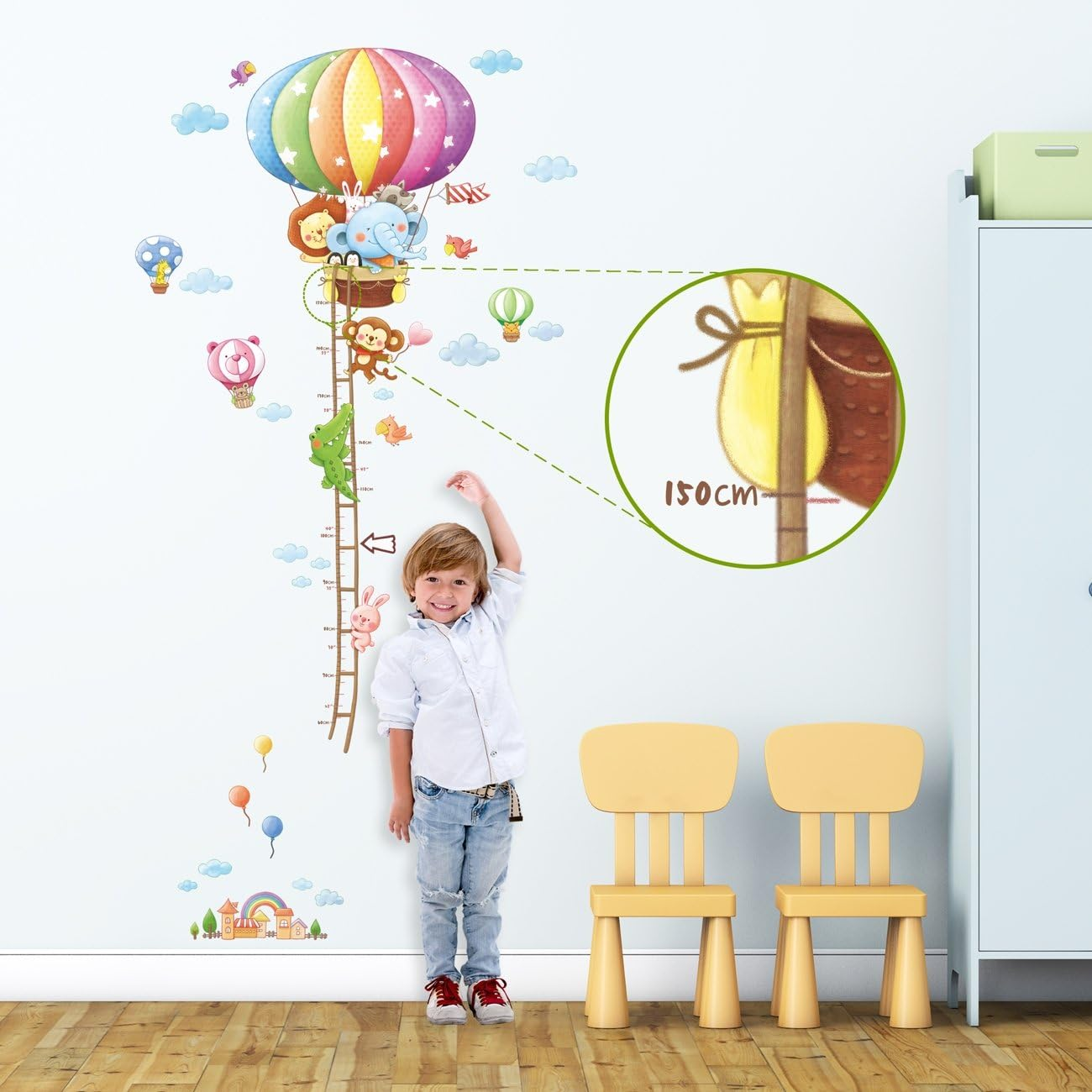 DECOWALL DAT-1606N Animal Hot Air Balloon Height Growth Chart Kids Wall Stickers Wall Decals Peel and Stick Removable Wall Stickers for Kids Nursery Bedroom Living Room image number 2